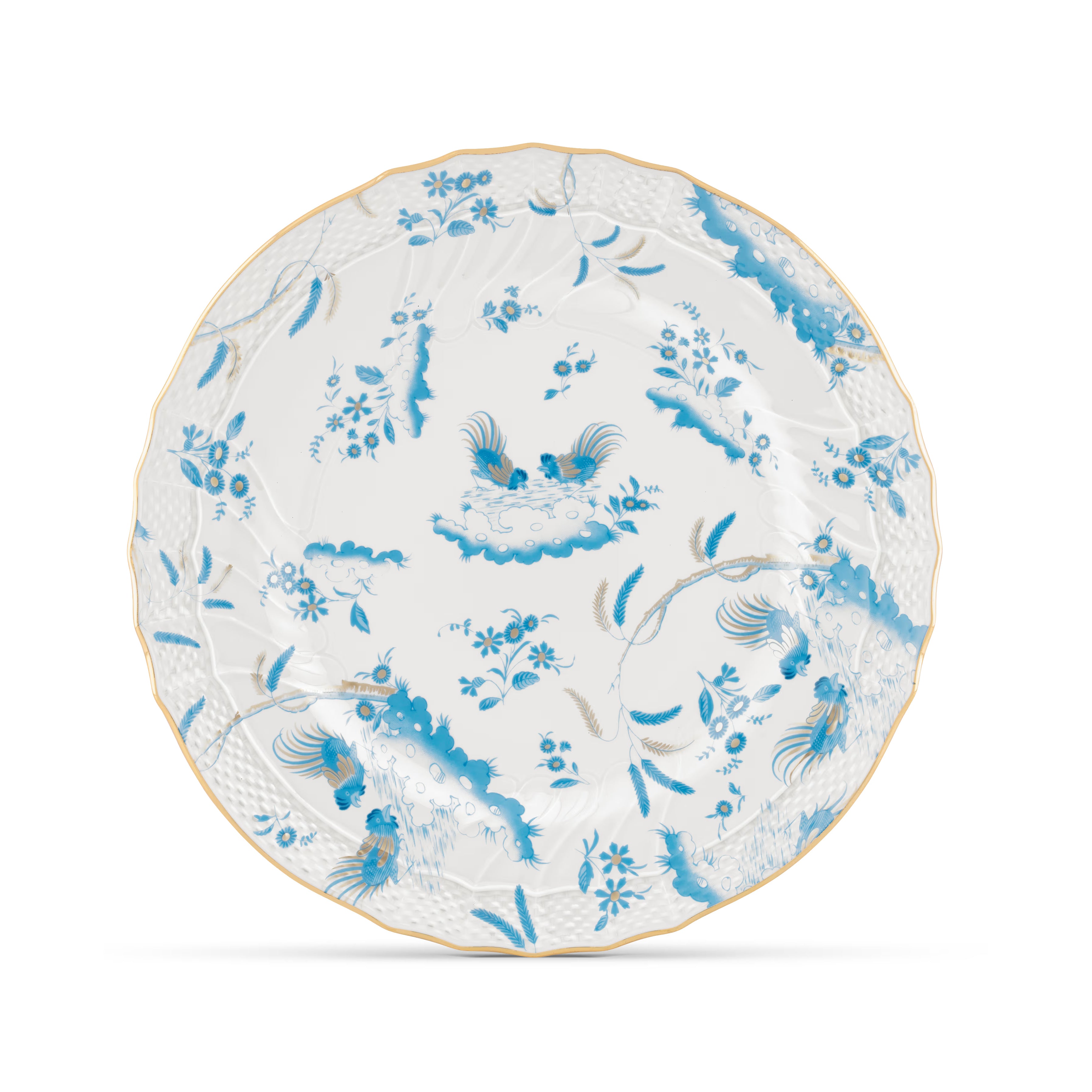 Decorative Dinner/Flat Plate with floral Turchese Ji Ondori rooster pattern on a white background. "Ginori 1735 Is Luxury Tableware And A Great Designer Home Gifts"