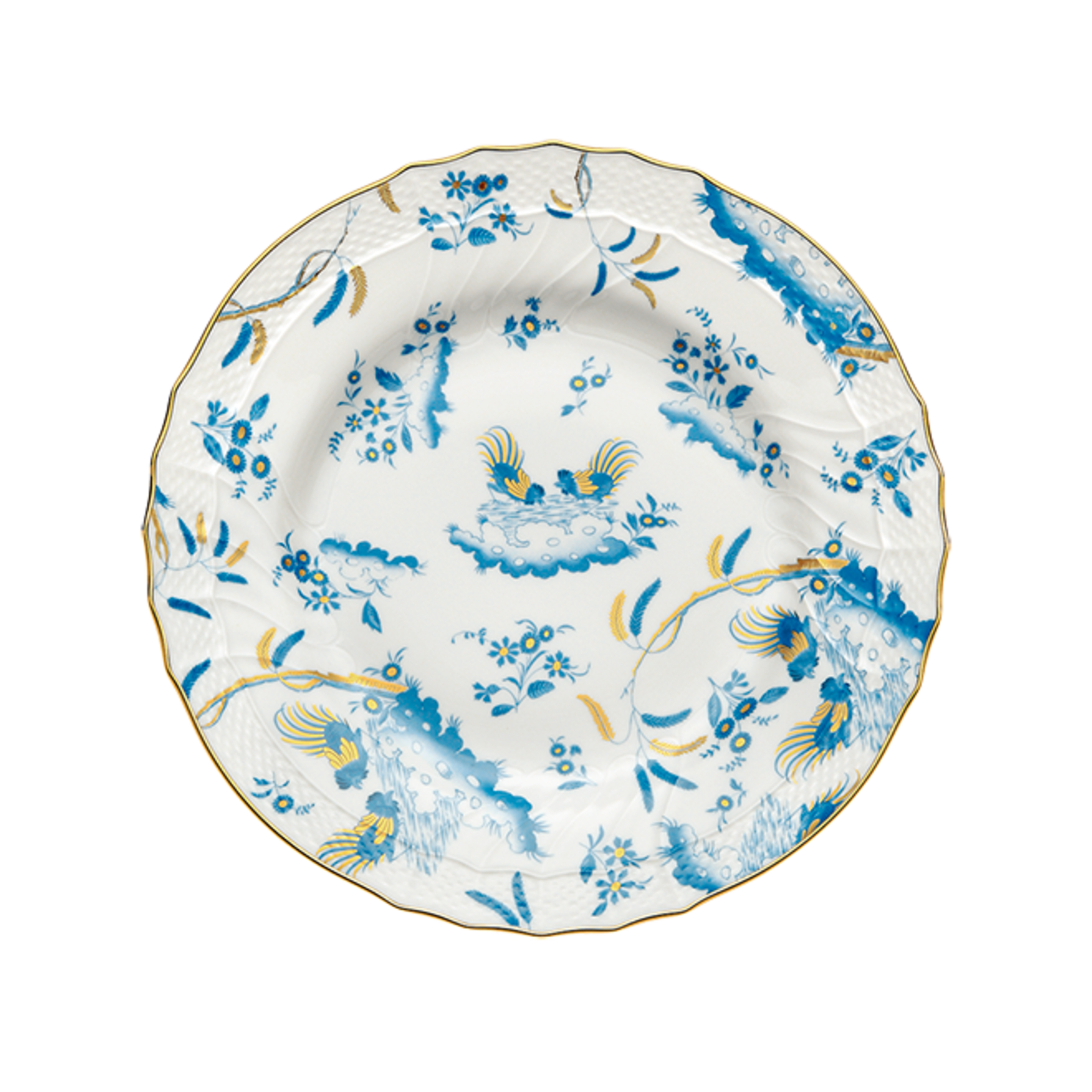 Decorative Dinner/Flat Plate with floral Turchese Ji Ondori rooster pattern on a white background. "Ginori 1735 Is Luxury Tableware And A Great Designer Home Gifts"