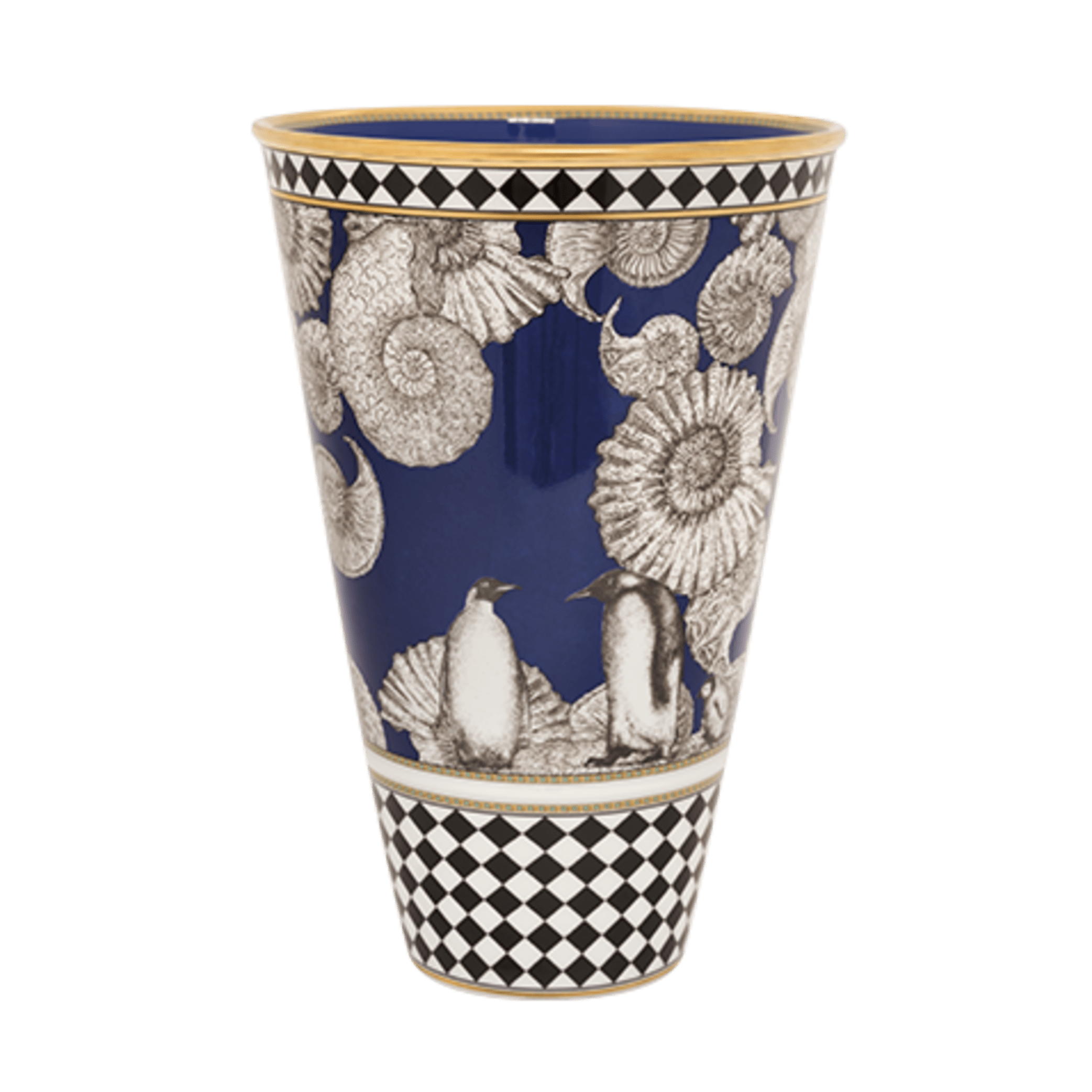 Penguin Vase: A blue and black vase with cone shells. Symbolizing love and loyalty, the Penguin design embodies grace and devotion. Its charming appearance adds a touch of affection to your decor, making it a perfect choice for commemorating special moments.