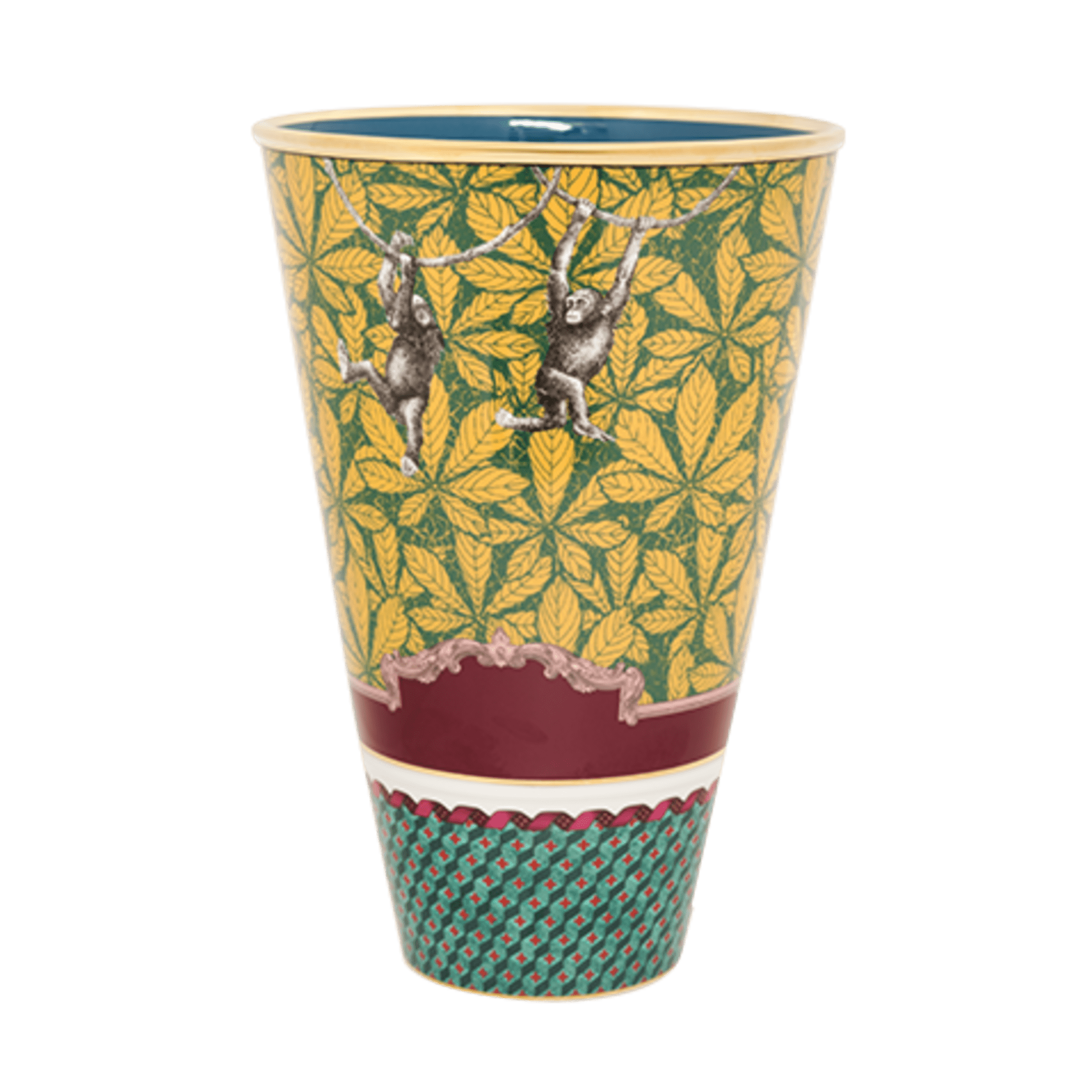 Monkey Vase: With vibrant leaves, geometric patterning, and playful monkeys swinging from vine to vine, the rich coloring makes for a striking presentation on any table or display cabinet. Representing the spirit of playfulness and curiosity, the Monkey design sparks intrigue and creativity. With its whimsical design, it's an excellent choice for those who appreciate the joy of exploration and discovery.