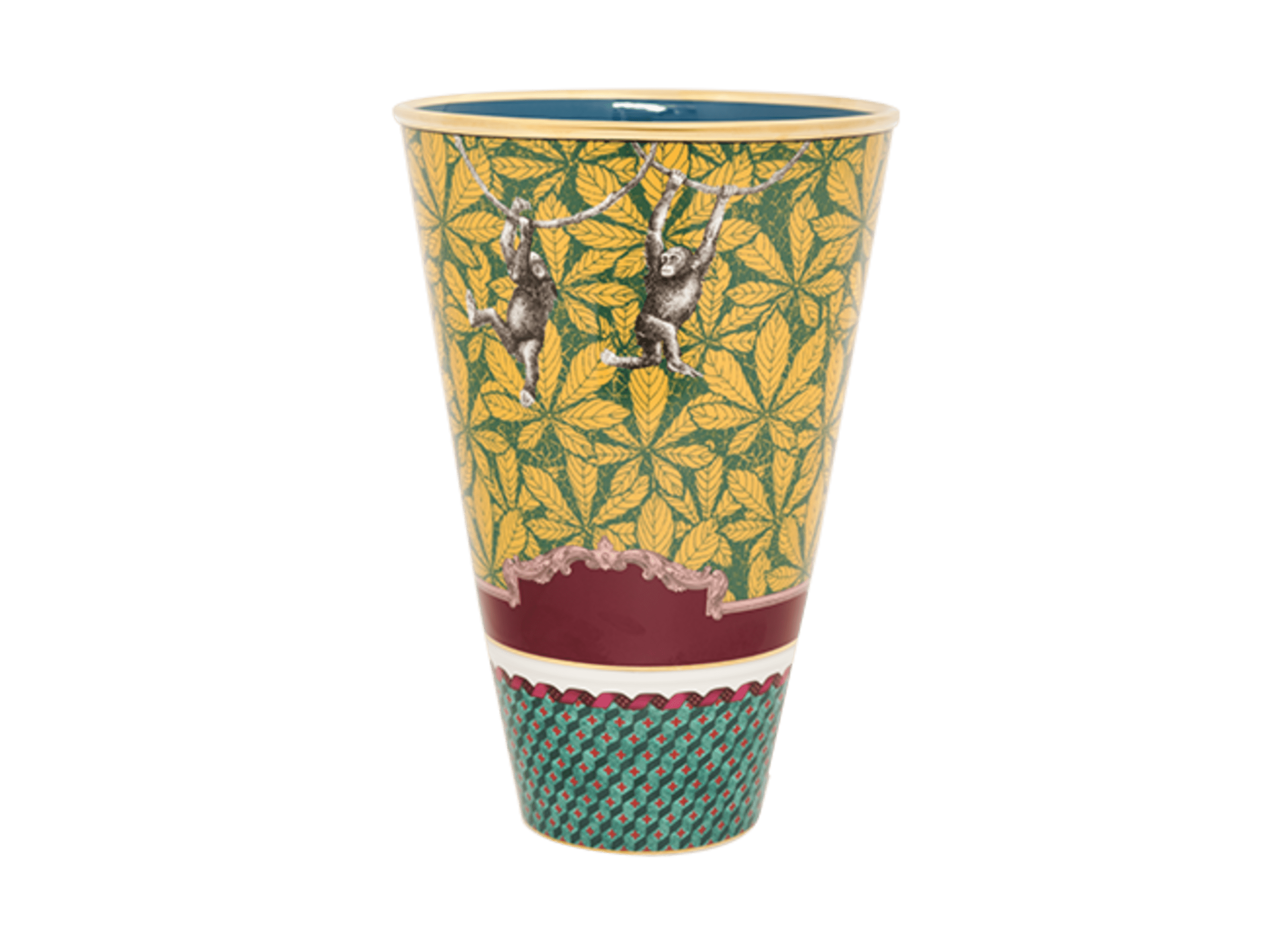 Monkey Vase: With vibrant leaves, geometric patterning, and playful monkeys swinging from vine to vine, the rich coloring makes for a striking presentation on any table or display cabinet. Representing the spirit of playfulness and curiosity, the Monkey design sparks intrigue and creativity. With its whimsical design, it's an excellent choice for those who appreciate the joy of exploration and discovery.