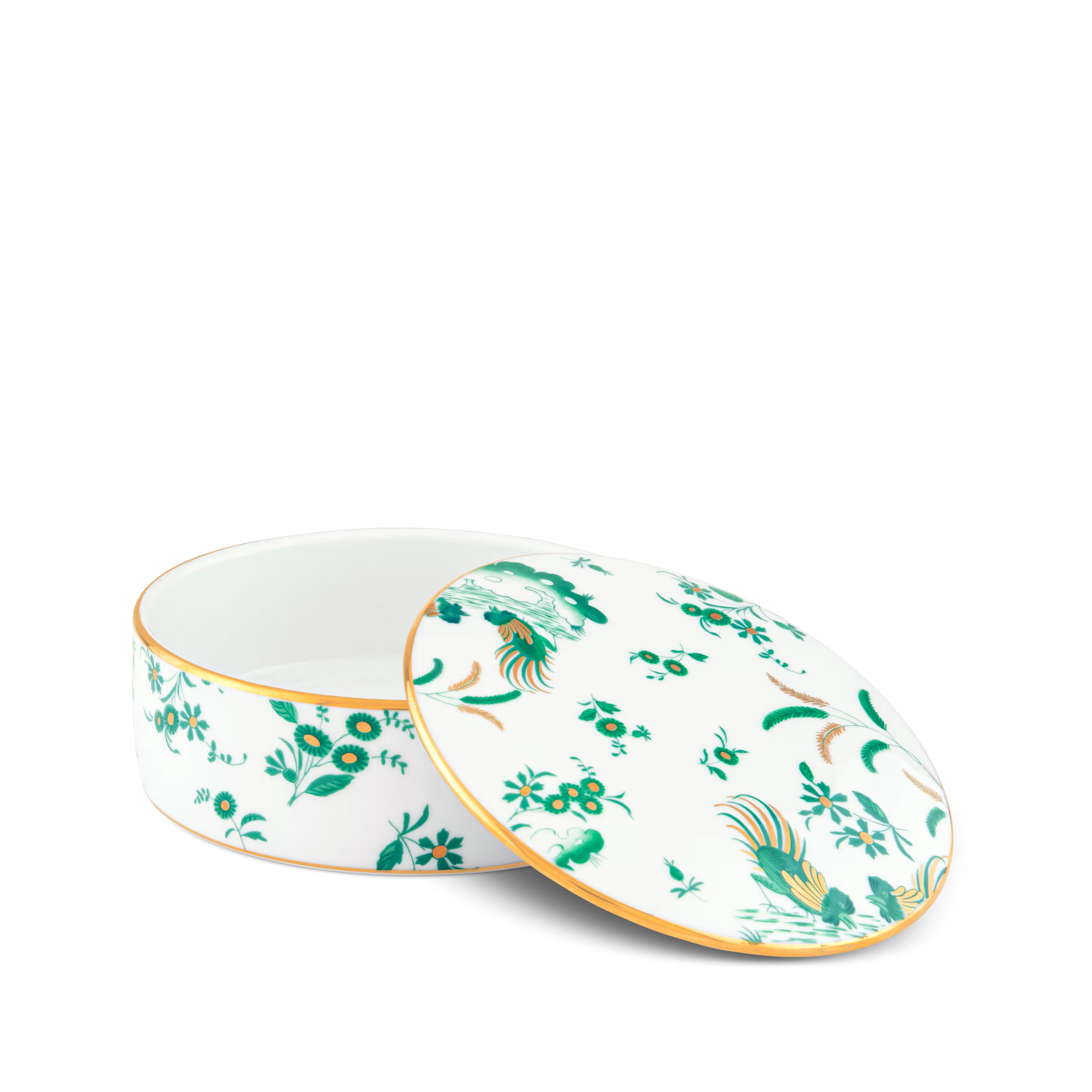 GIADA Decorative white round box with floral patterns on a white background. "Ginori 1735 Is Luxury Tableware Brand And Also Great For Designer Home Gifts"