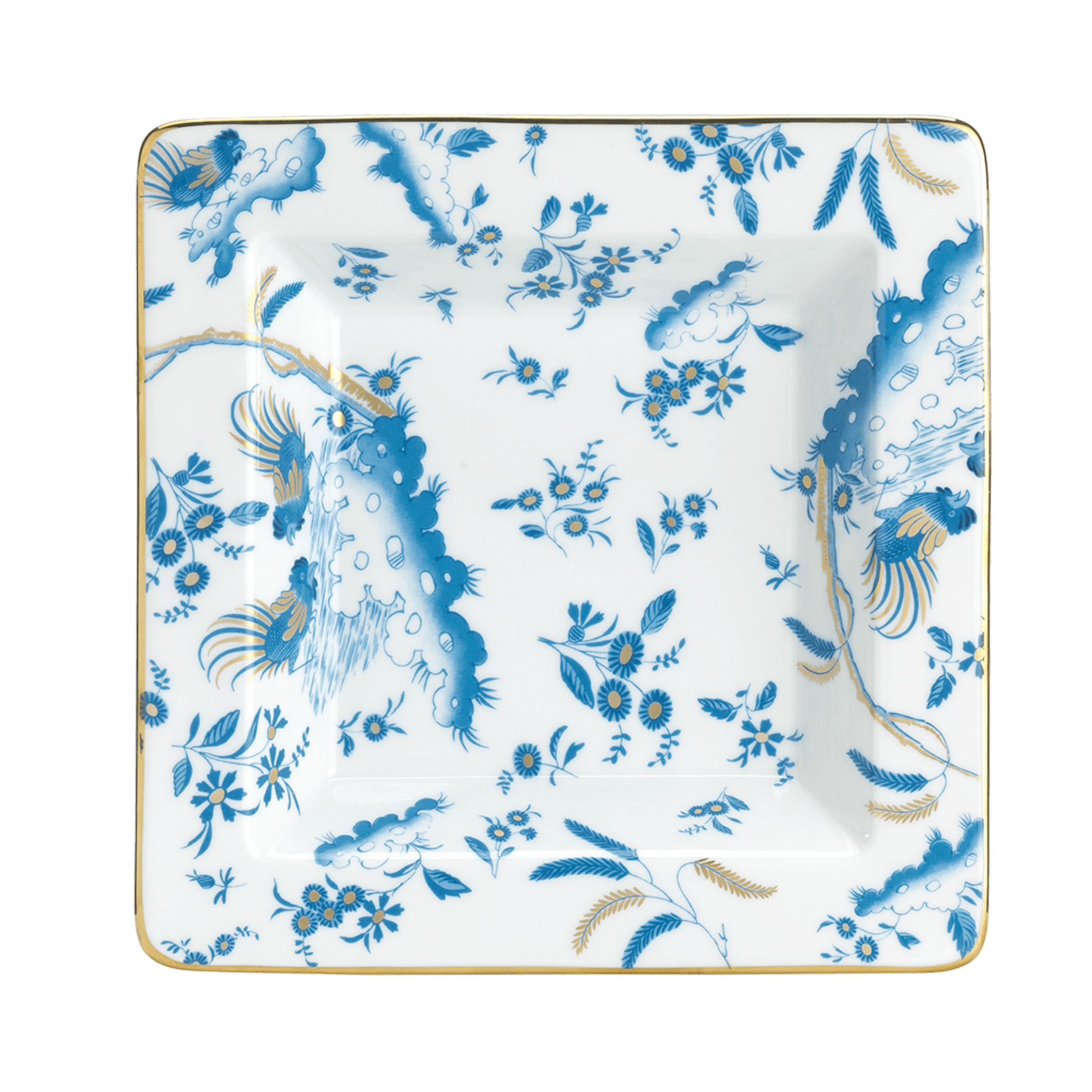 A square-shaped porcelain VIDE POCHE poche dish with a floral pattern and Blue accents, featuring the Ginori brand logo. Ji Ondori rooster "Ginori 1735 Is Luxury Tableware Brand And Also Great For Designer Home Gifts"