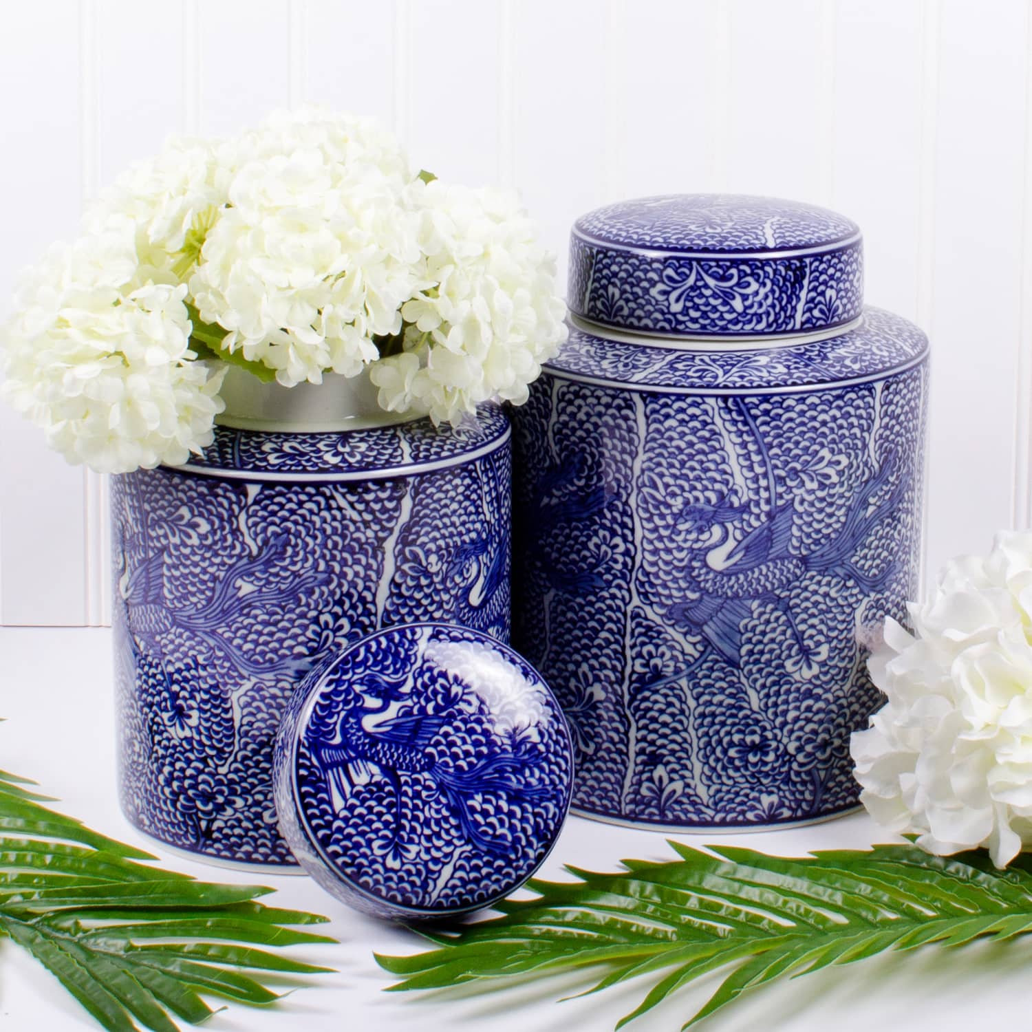 This Large Koi Fish Ginger Jar is crafted with a rich cerulean blue hue