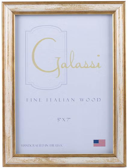 Gold picture frame with 'Galassi' branding and specifications on a light blue background