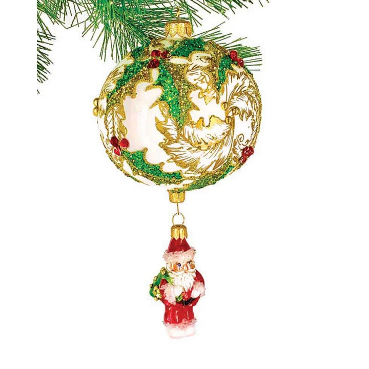 This exquisite ornament features Santa dropping from a gorgeous ball decorated with holly and gold leaves encrusted with chunky glitter and rhinestones.