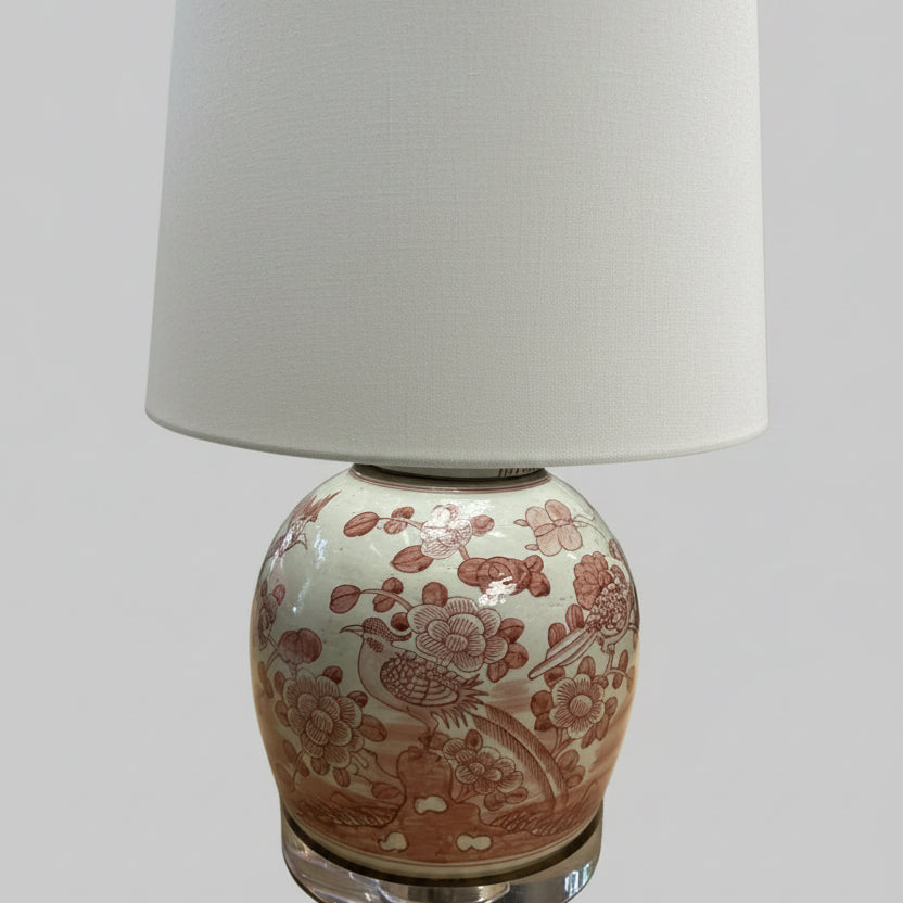 Luxury Table Lamp With A Decorative Ceramic Base And White Shade On A Light Gray Background.