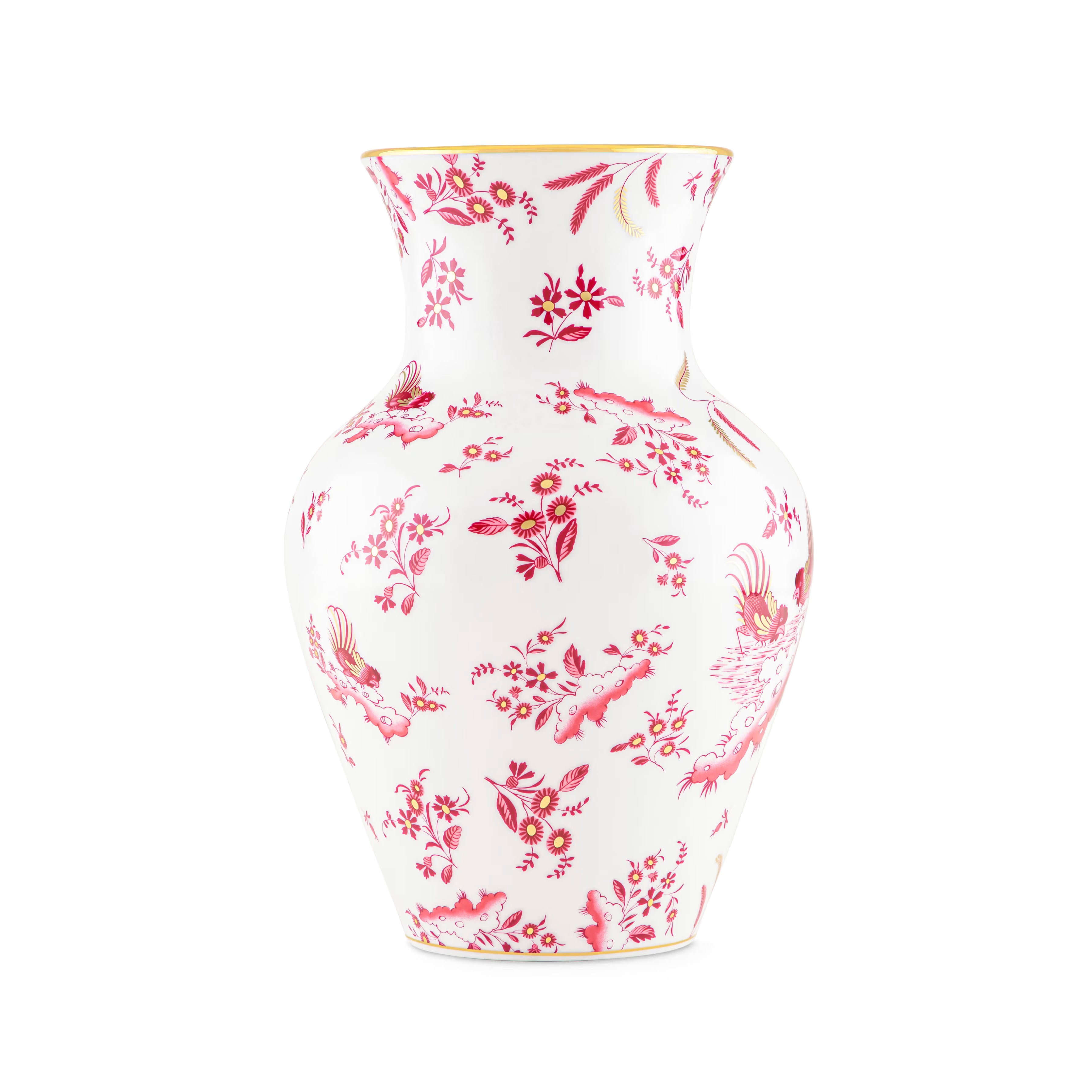 Luxury Vase With Pink Floral And Bird Pattern. This design is the "Oro Di Doccia" motif in the Magenta colorway, created by the luxury Italian porcelain house Ginori 1735