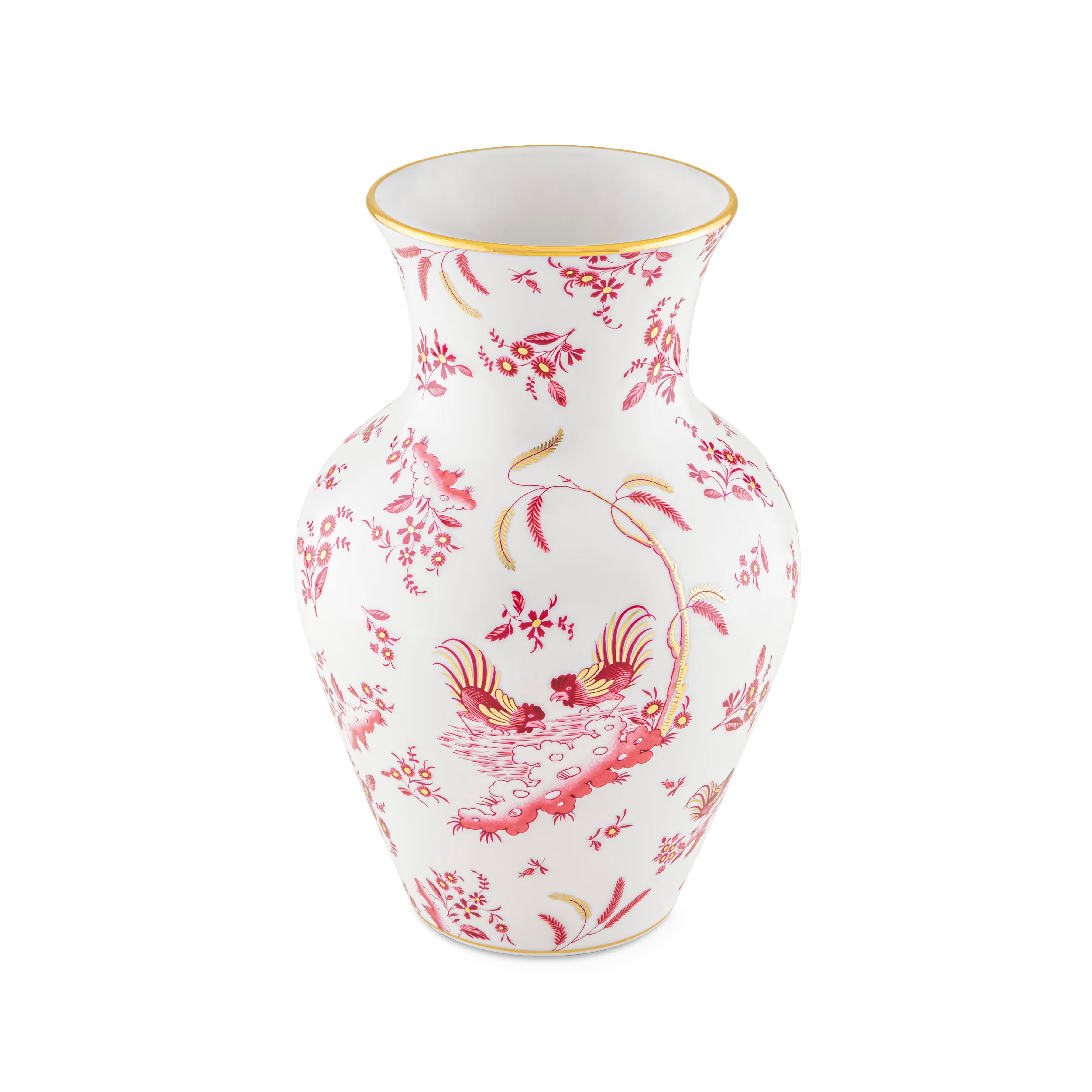 Luxury Vase With Pink Floral And Bird Pattern On A White Background. This design is the "Oro Di Doccia" motif in the Magenta colorway, created by the luxury Italian porcelain house Ginori 1735