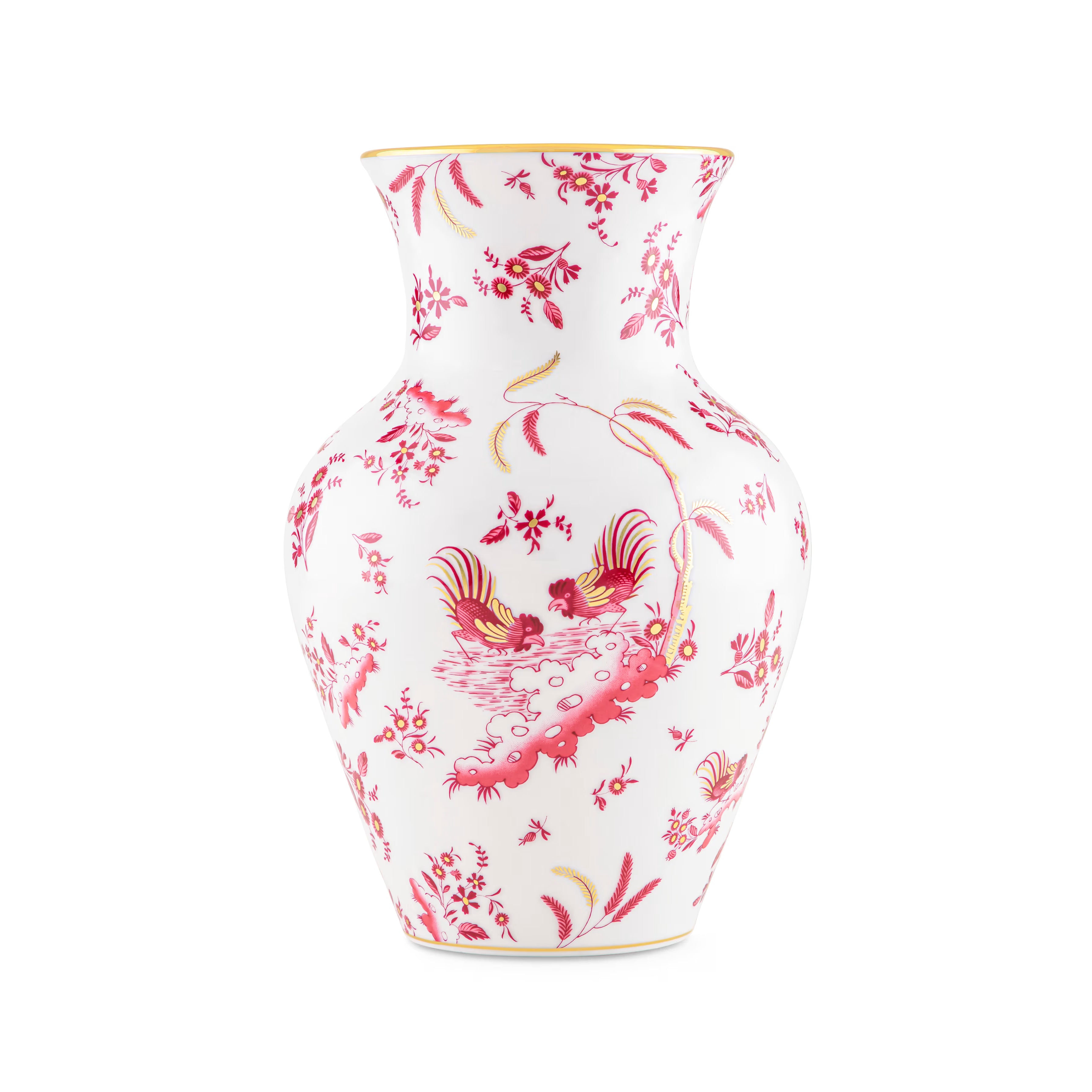 Luxury Vase With Pink Floral And Bird Pattern. Elegant Tableware. This design is the "Oro Di Doccia" motif in the Magenta colorway, created by the luxury Italian porcelain house Ginori 1735