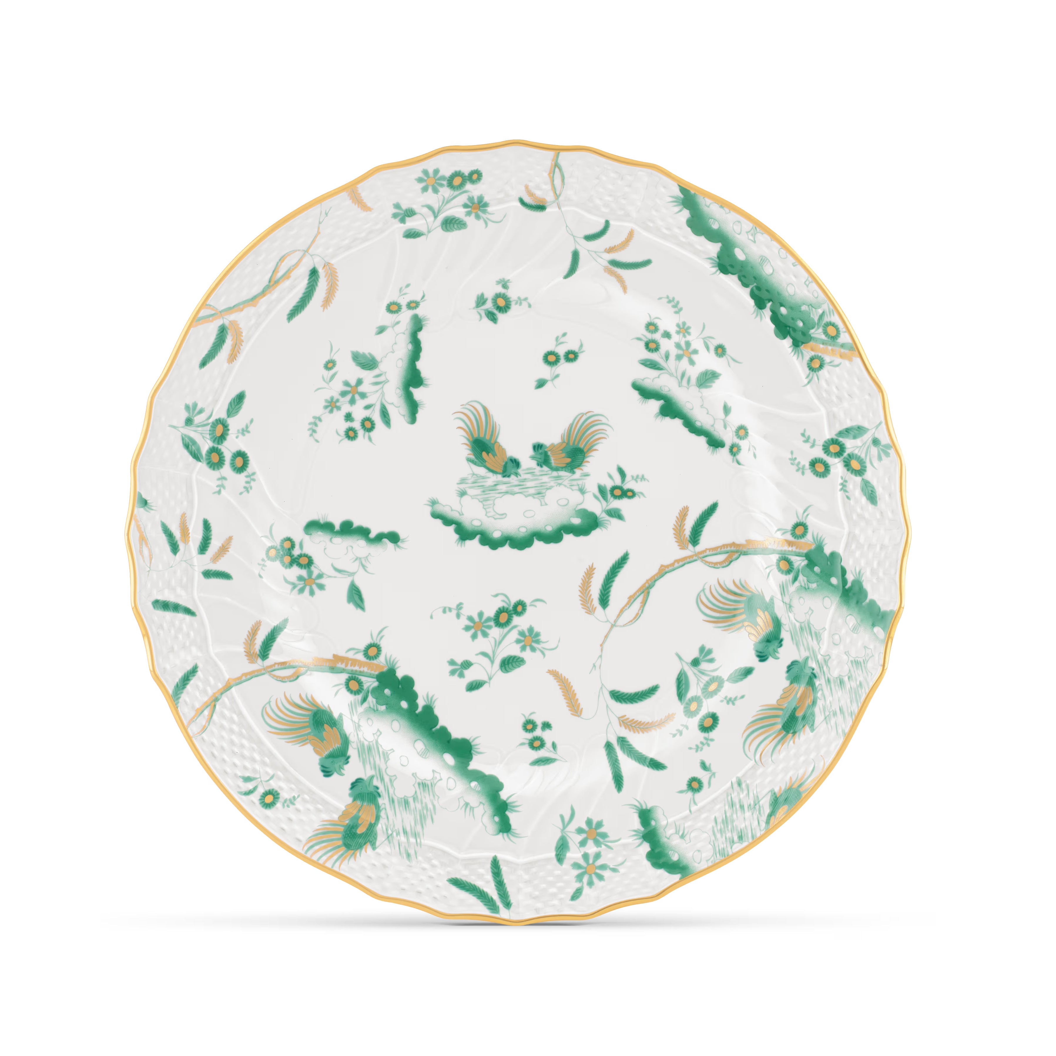 Decorative Dinner/Flat Plate with floral Giada Ji Ondori rooster pattern on a white background. "Ginori 1735 Is Luxury Tableware And A Great Designer Home Gifts"