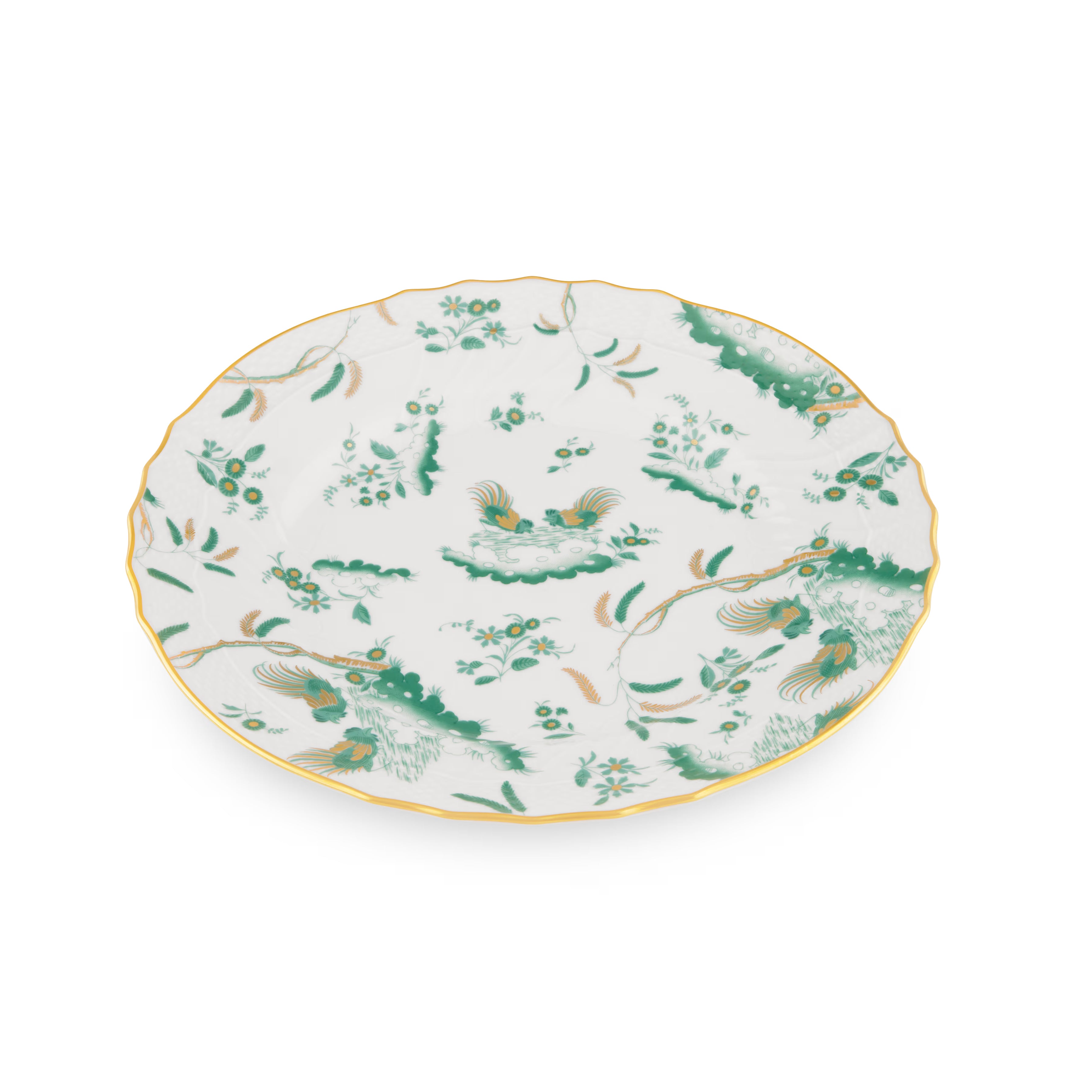 Decorative Dinner/Flat Plate with floral Giada Ji Ondori rooster pattern on a white background. "Ginori 1735 Is Luxury Tableware And A Great Designer Home Gifts"