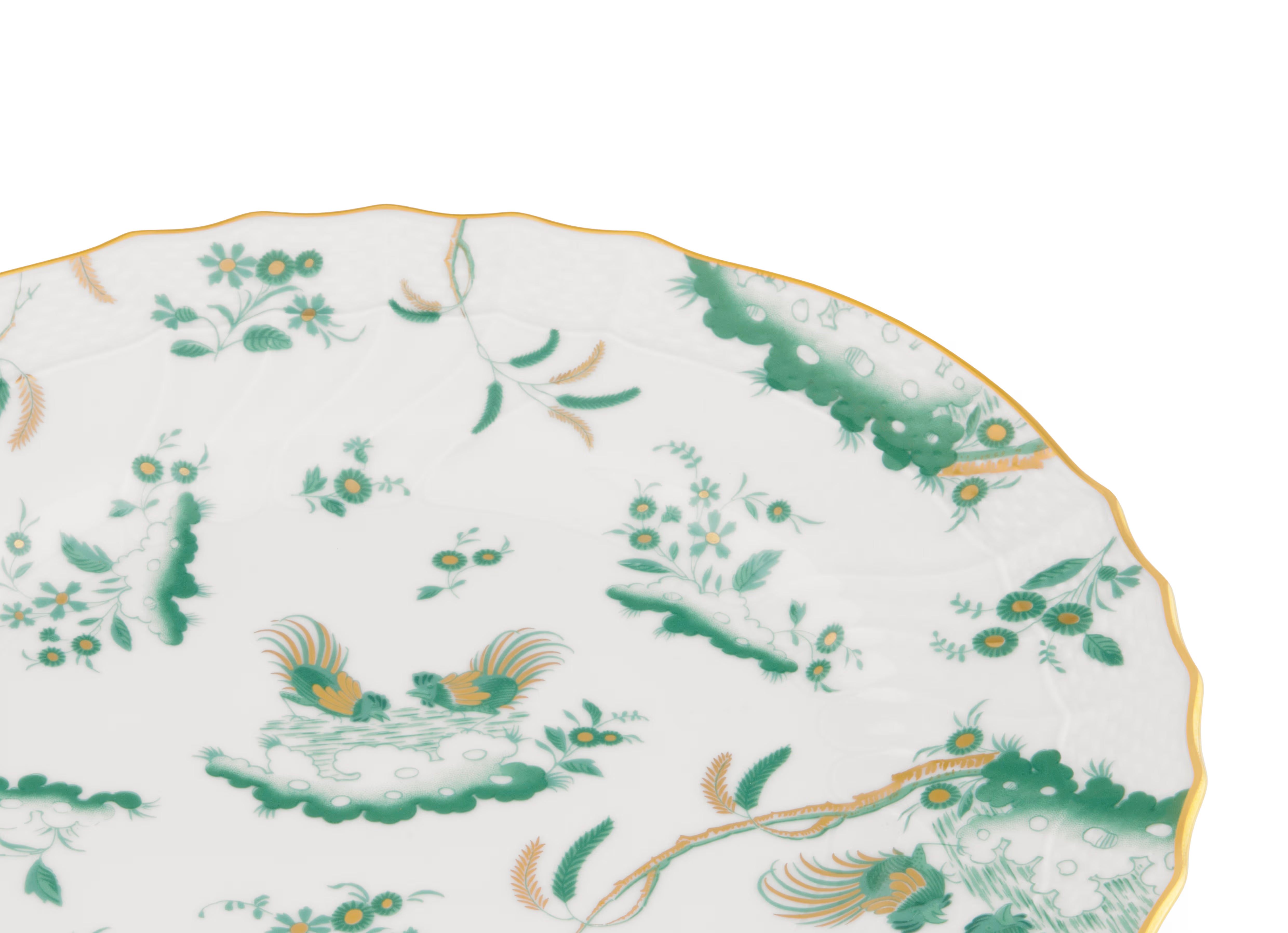 Decorative Dinner/Flat Plate with floral Giada Ji Ondori rooster pattern on a white background. "Ginori 1735 Is Luxury Tableware And A Great Designer Home Gifts"