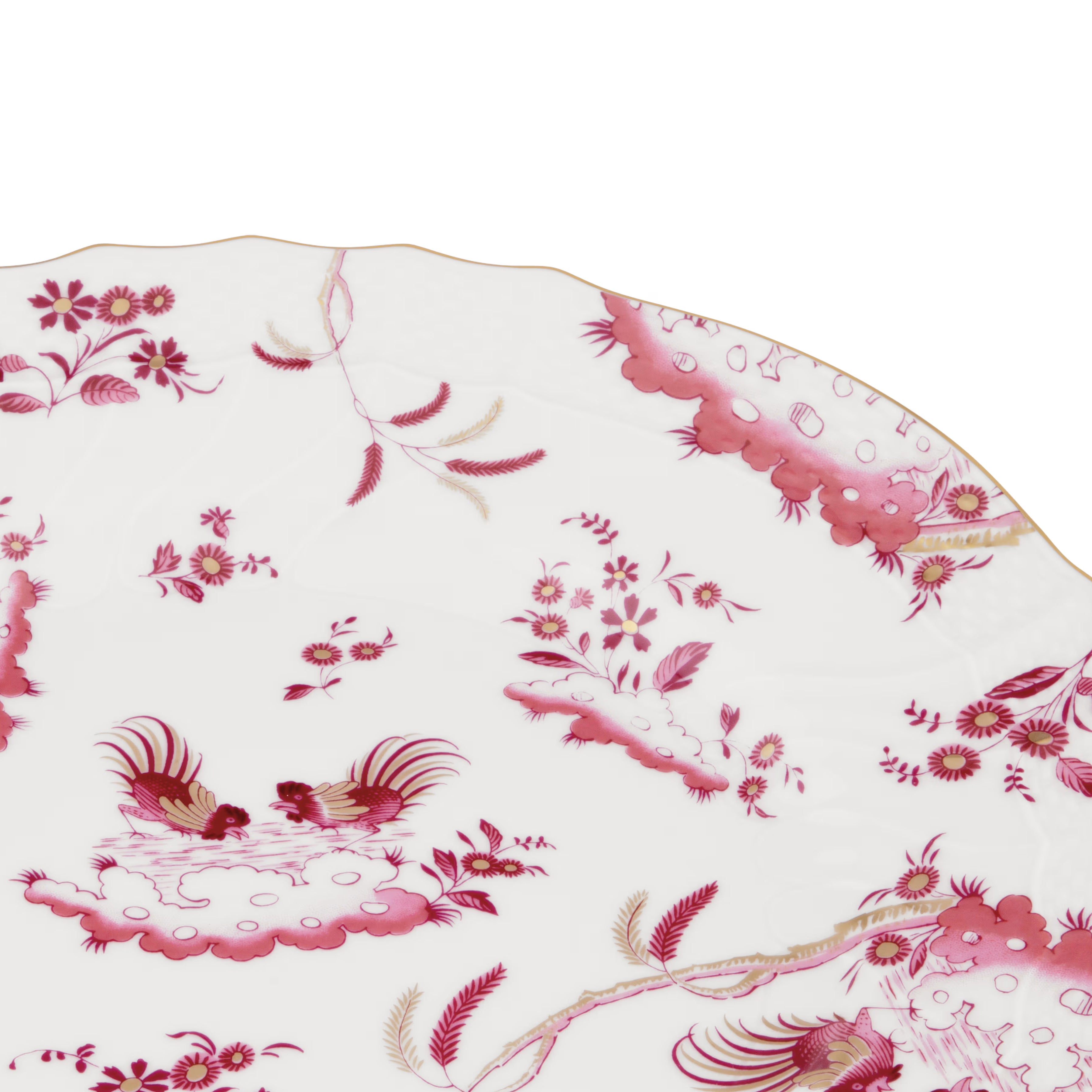 Decorative Dinner/Flat Plate with floral Magenta Ji Ondori rooster pattern on a white background. "Ginori 1735 Is Luxury Tableware And A Great Designer Home Gifts"