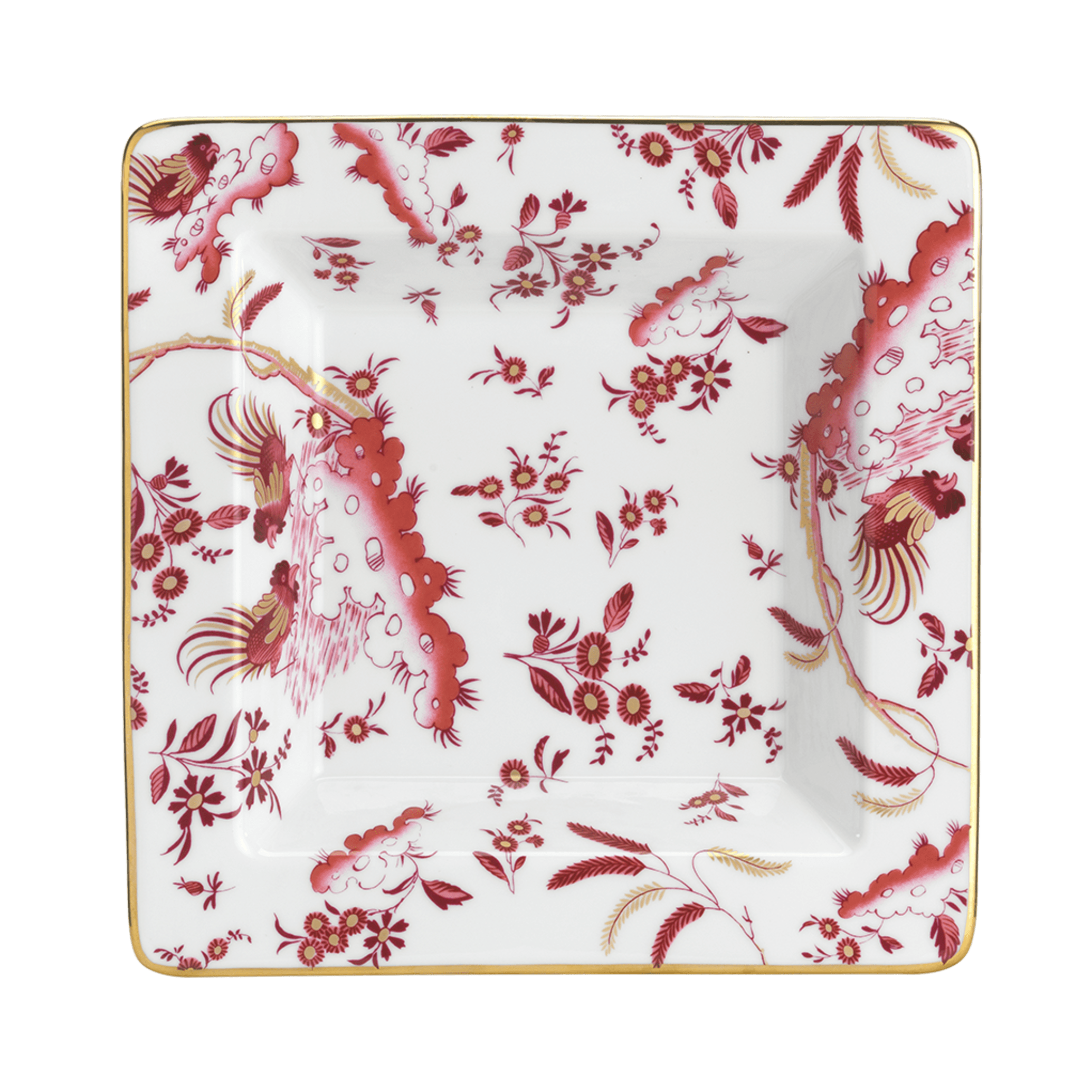A square-shaped porcelain VIDE POCHE poche dish with a floral pattern and red accents, featuring the Ginori brand logo. Ji Ondori rooster "Ginori 1735 Is Luxury Tableware Brand And Also Great For Designer Home Gifts"