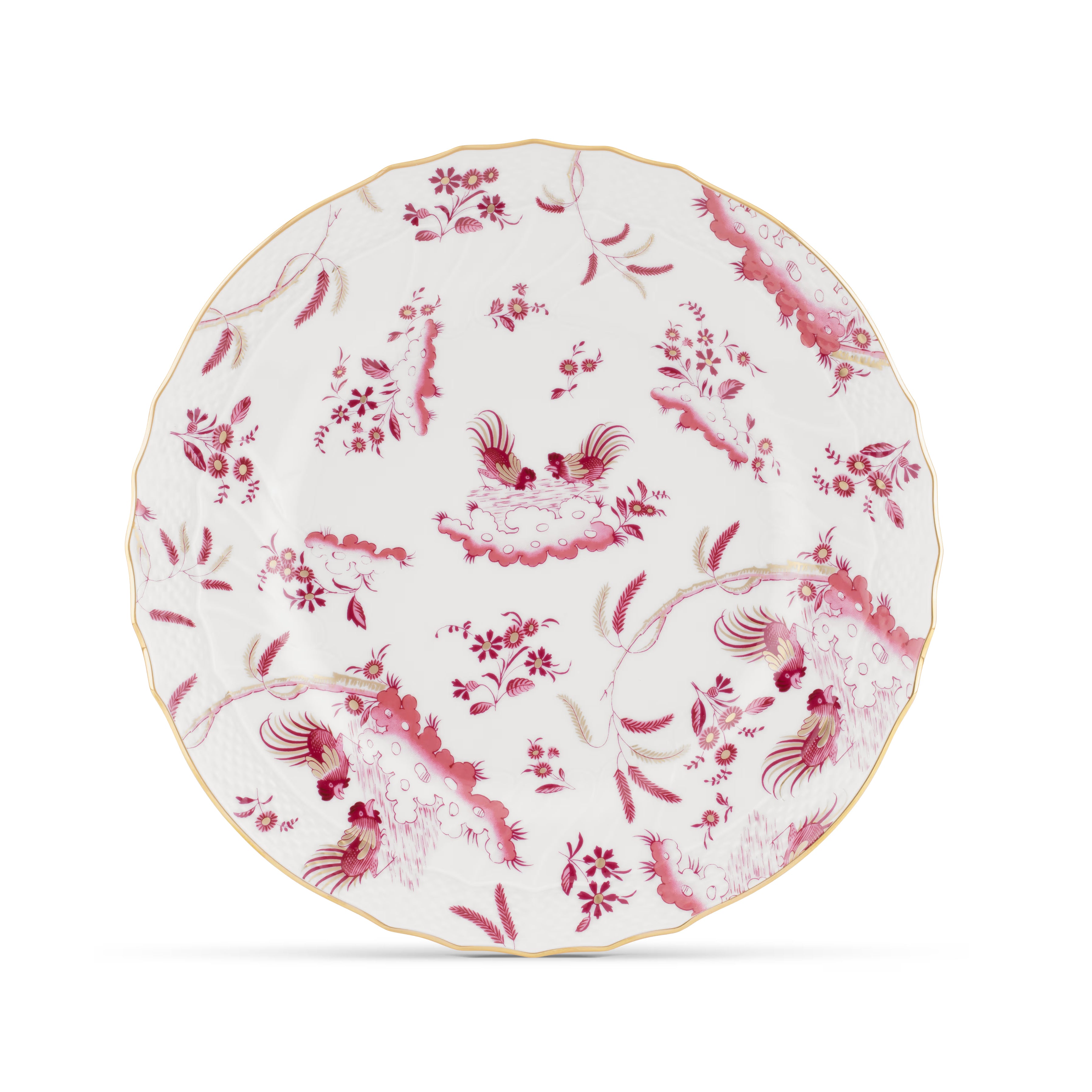 Decorative Dinner/Flat Plate with floral Magenta Ji Ondori rooster pattern on a white background. "Ginori 1735 Is Luxury Tableware And A Great Designer Home Gifts"