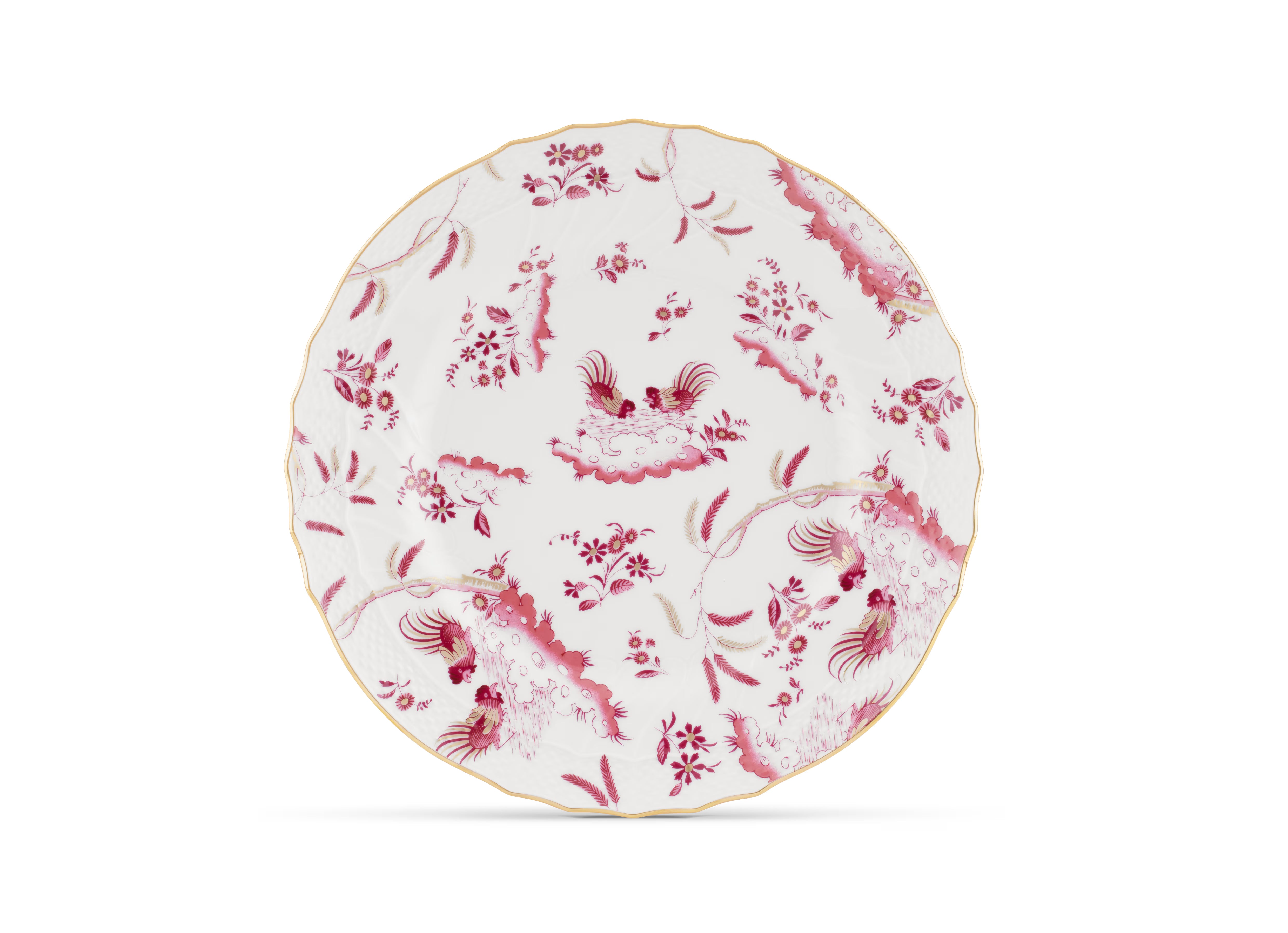 Decorative Dinner/Flat Plate with floral Magenta Ji Ondori rooster pattern on a white background. "Ginori 1735 Is Luxury Tableware And A Great Designer Home Gifts"