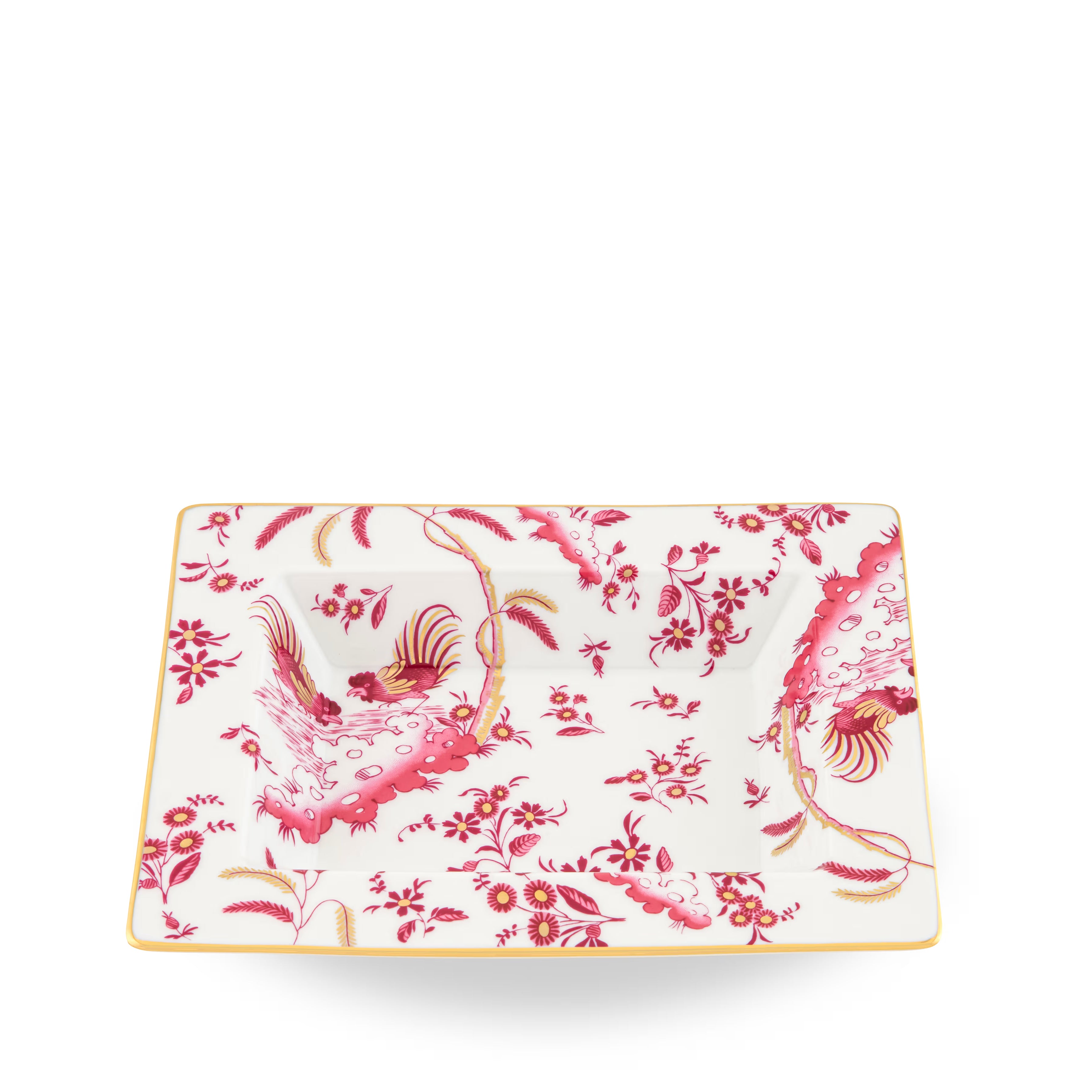 Decorative Vide Poche/Change Tray with floral Megenta Ji Ondori rooster pattern on a white background. "Ginori 1735 Is Luxury Tableware And A Great Designer Home Gifts"