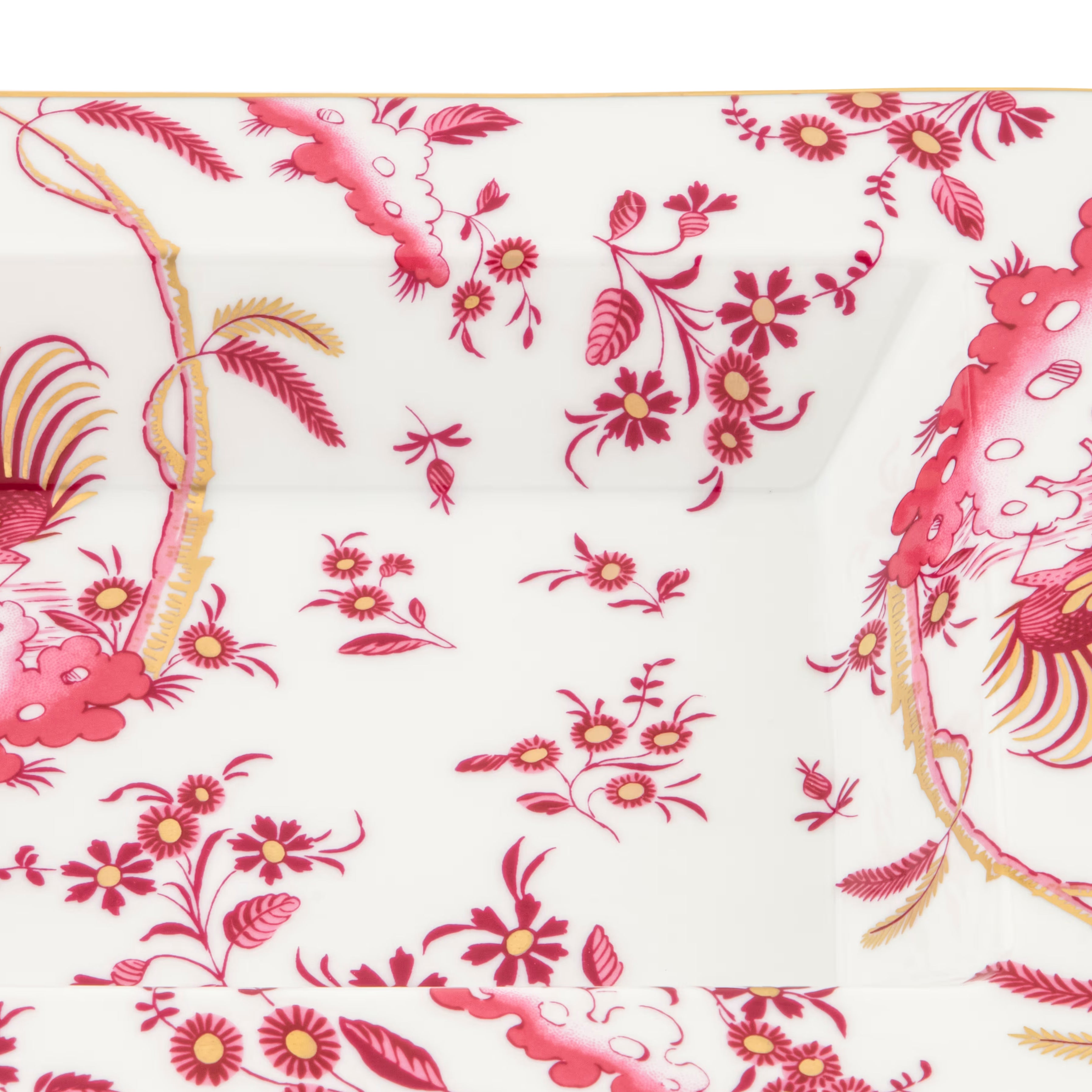 Decorative Vide Poche/Change Tray with floral Megenta Ji Ondori rooster pattern on a white background. "Ginori 1735 Is Luxury Tableware And A Great Designer Home Gifts"