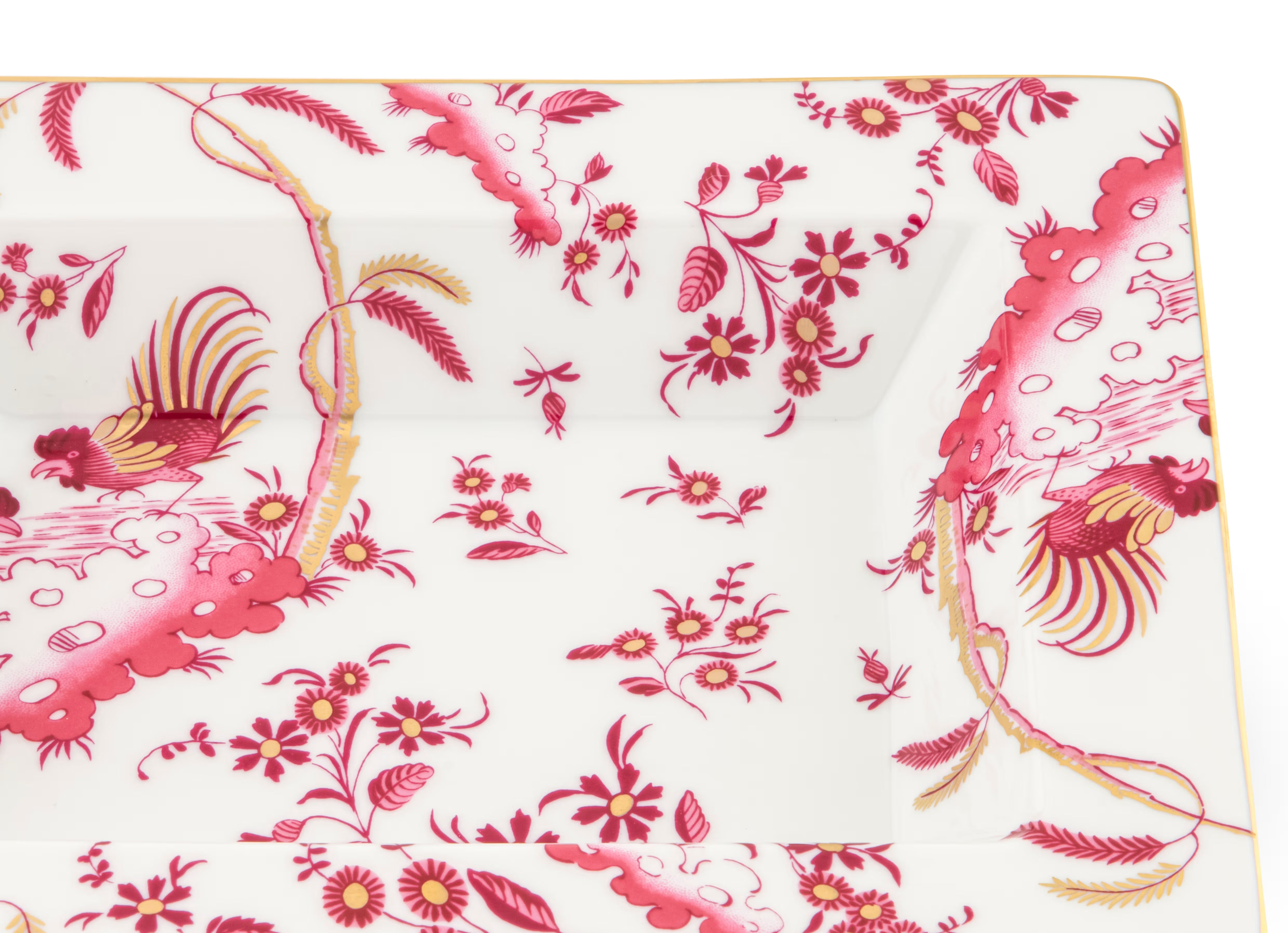 Decorative Vide Poche/Change Tray with floral Megenta Ji Ondori rooster pattern on a white background. "Ginori 1735 Is Luxury Tableware And A Great Designer Home Gifts"