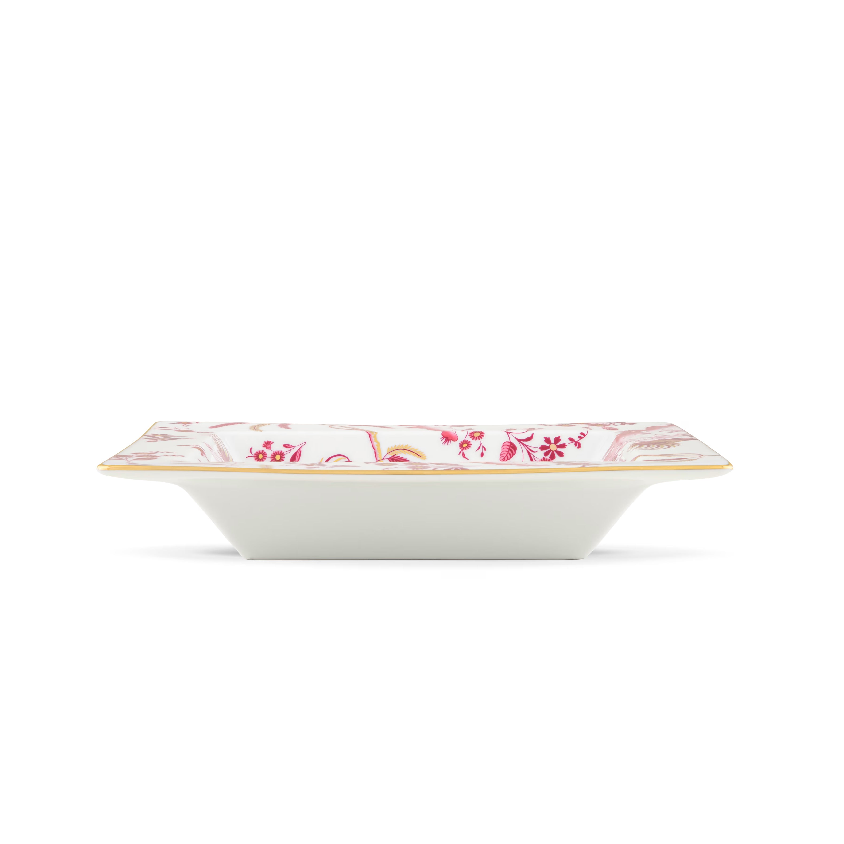 Decorative Vide Poche/Change Tray with floral Megenta Ji Ondori rooster pattern on a white background. "Ginori 1735 Is Luxury Tableware And A Great Designer Home Gifts"