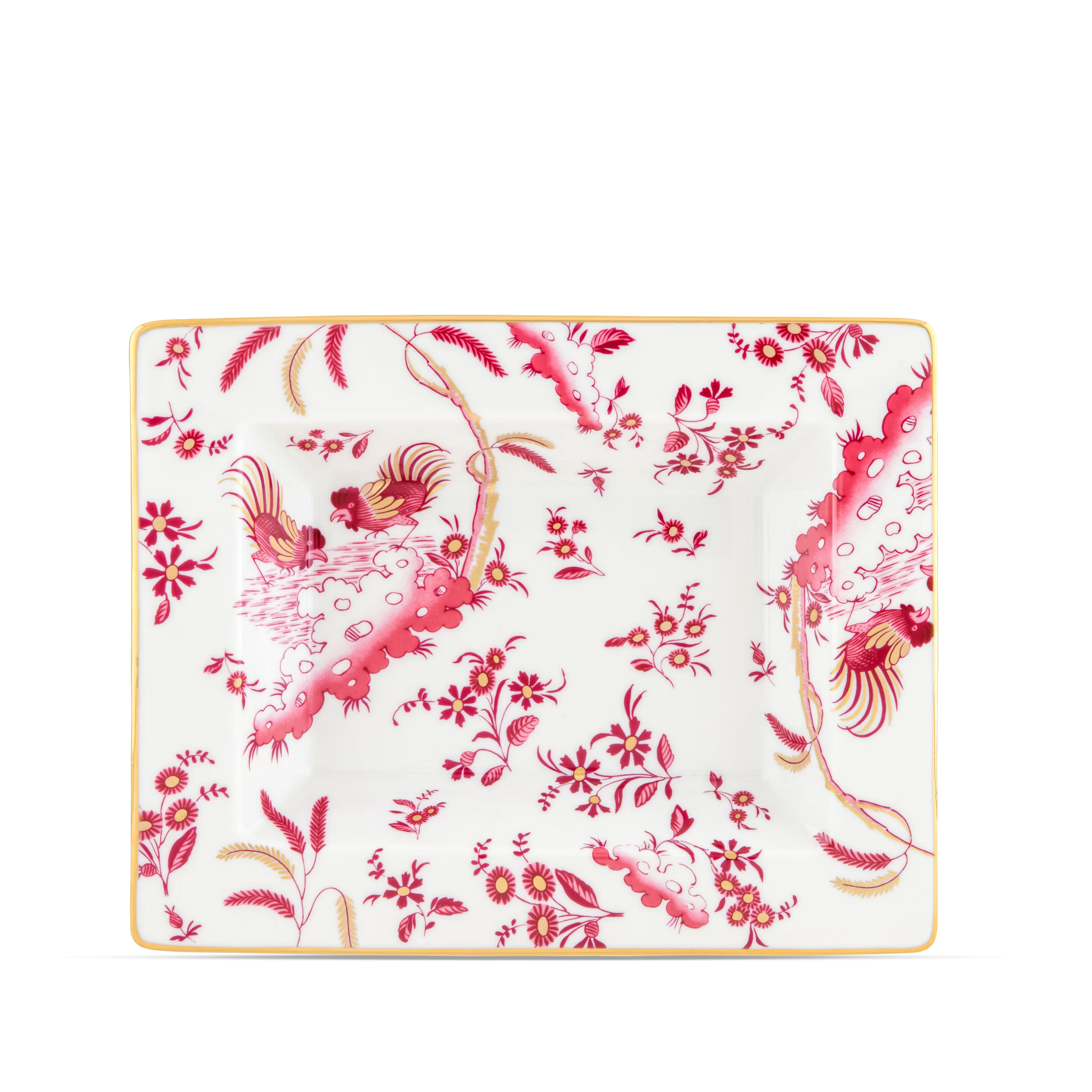 Decorative Vide Poche/Change Tray with floral Megenta Ji Ondori rooster pattern on a white background. "Ginori 1735 Is Luxury Tableware And A Great Designer Home Gifts"