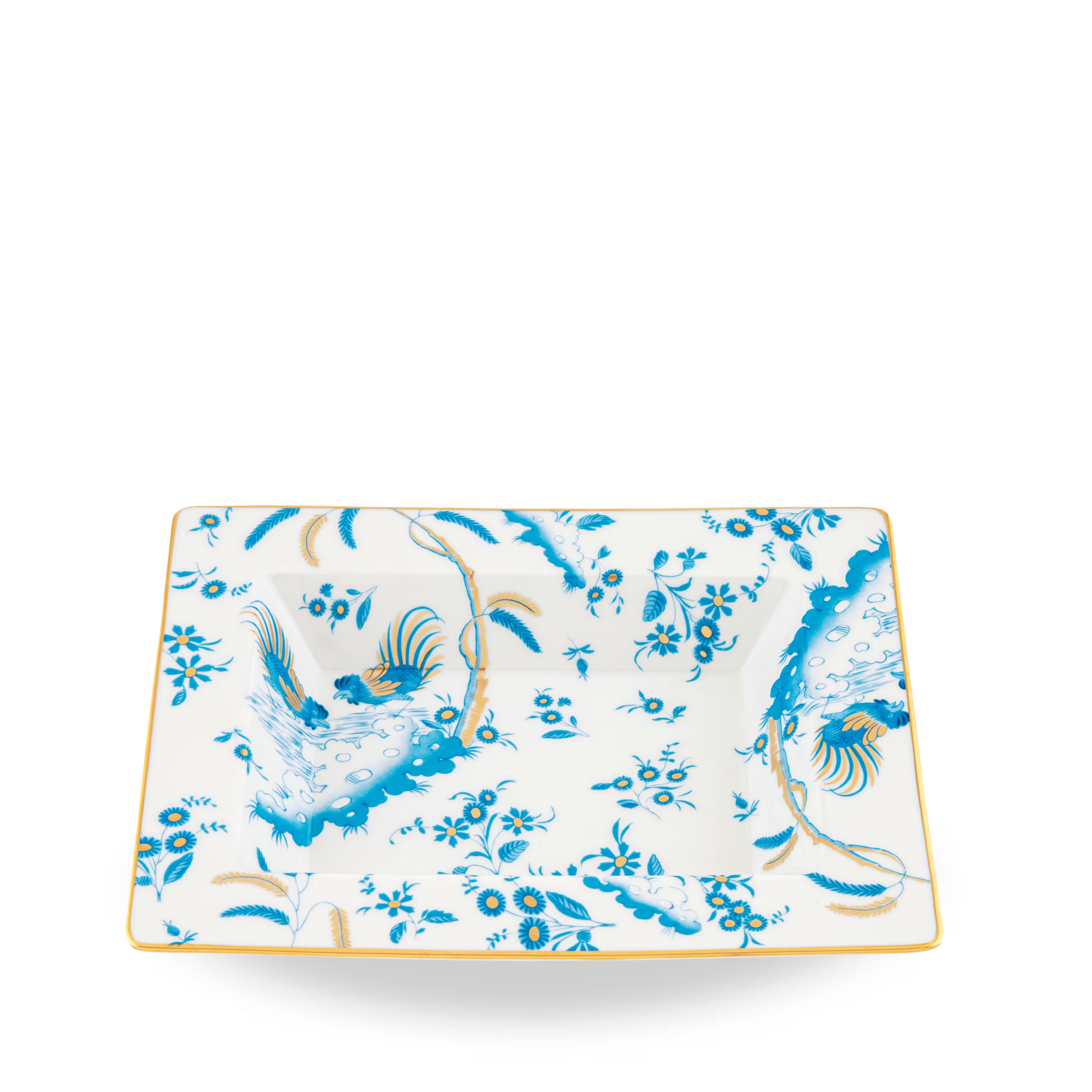 Decorative Vide Poche/Change Tray with floral Turchese Ji Ondori rooster pattern on a white background. "Ginori 1735 Is Luxury Tableware And A Great Designer Home Gifts"