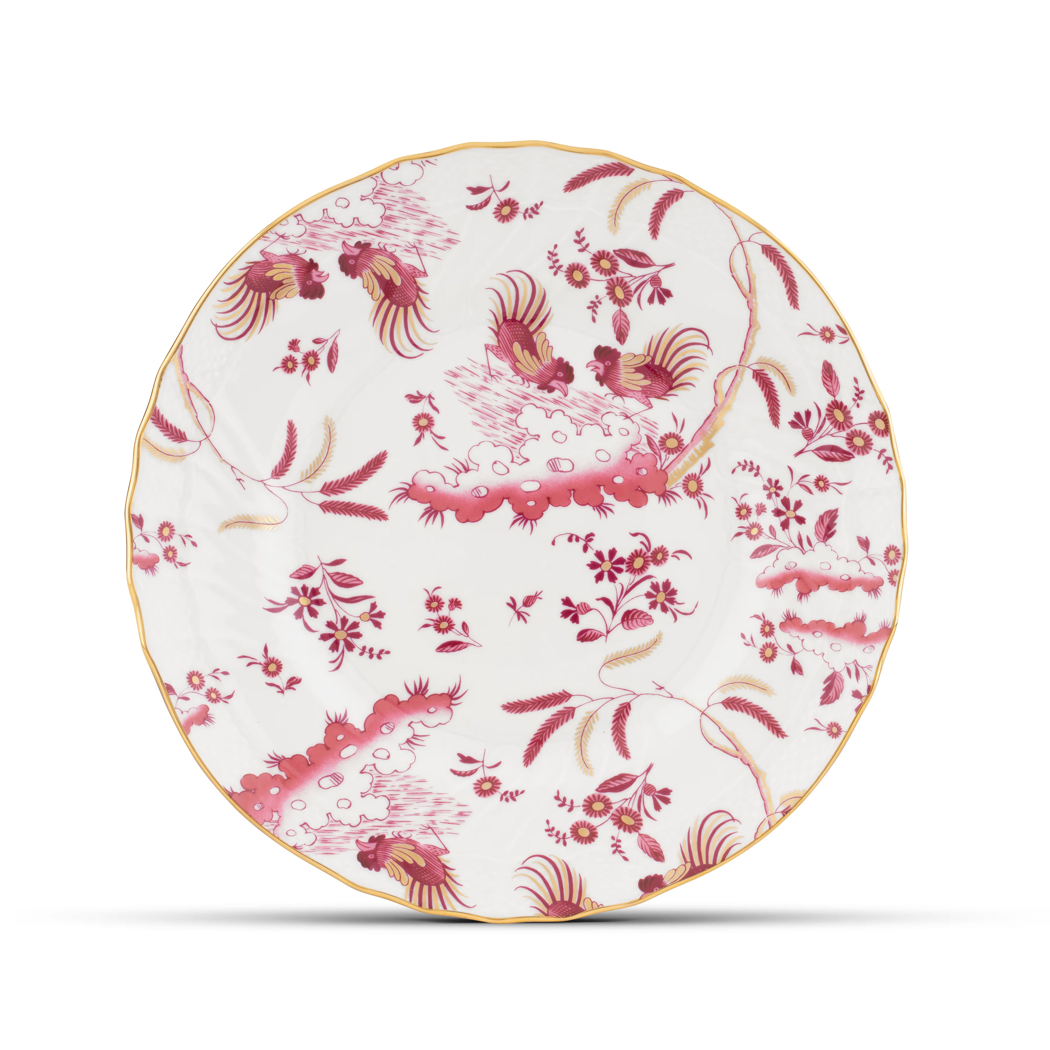 Decorative Dessert Plate with floral Megenta Ji Ondori rooster pattern on a white background. "Ginori 1735 Is Luxury Tableware And A Great Designer Home Gifts"
Oro Di Doccia A white porcelain dessert plate with intricate floral patterns and gold accents. A Ji Ondori Rooster.