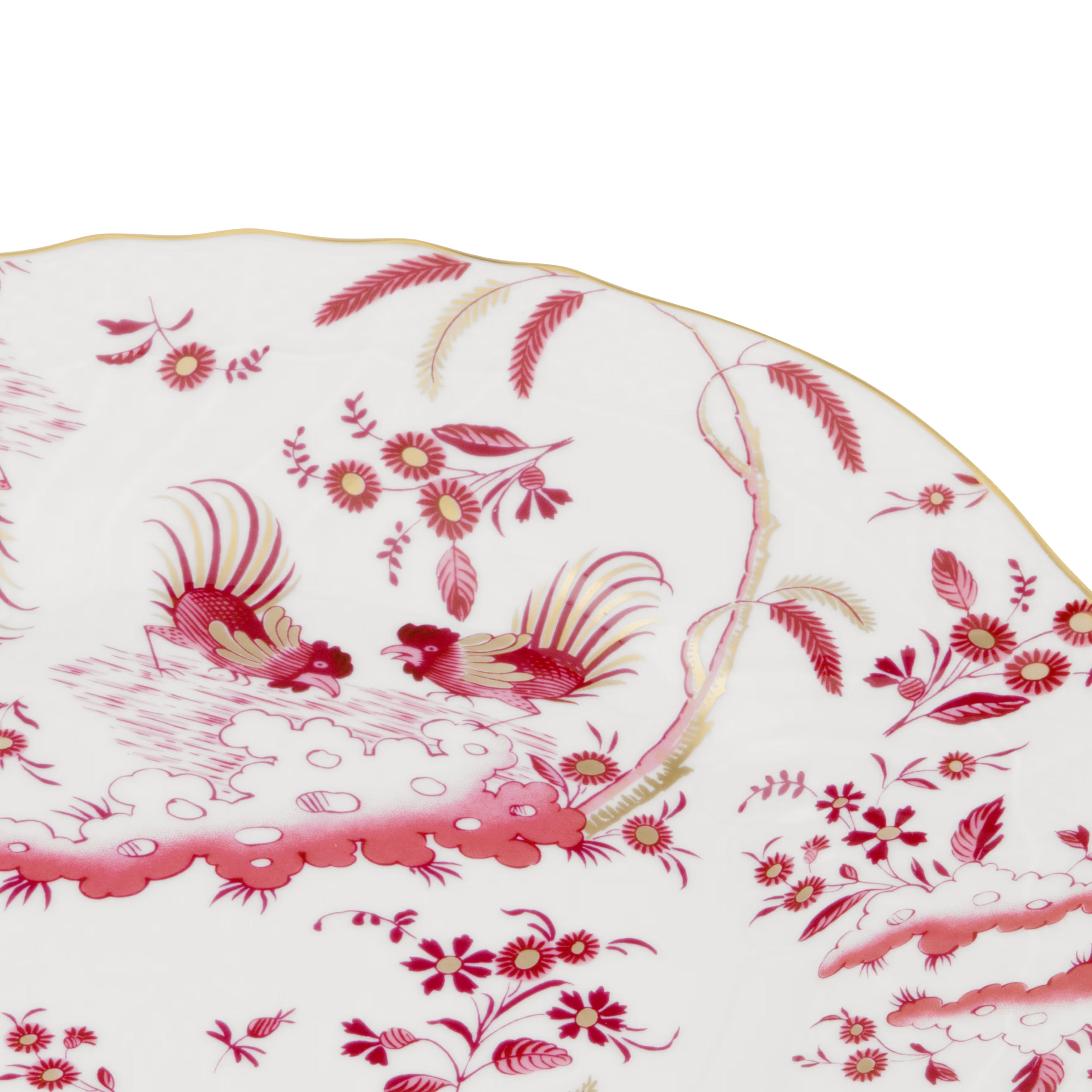 Decorative Dessert Plate with floral Megenta Ji Ondori rooster pattern on a white background. "Ginori 1735 Is Luxury Tableware And A Great Designer Home Gifts"
Oro Di Doccia A white porcelain dessert plate with intricate floral patterns and gold accents. A Ji Ondori Rooster.