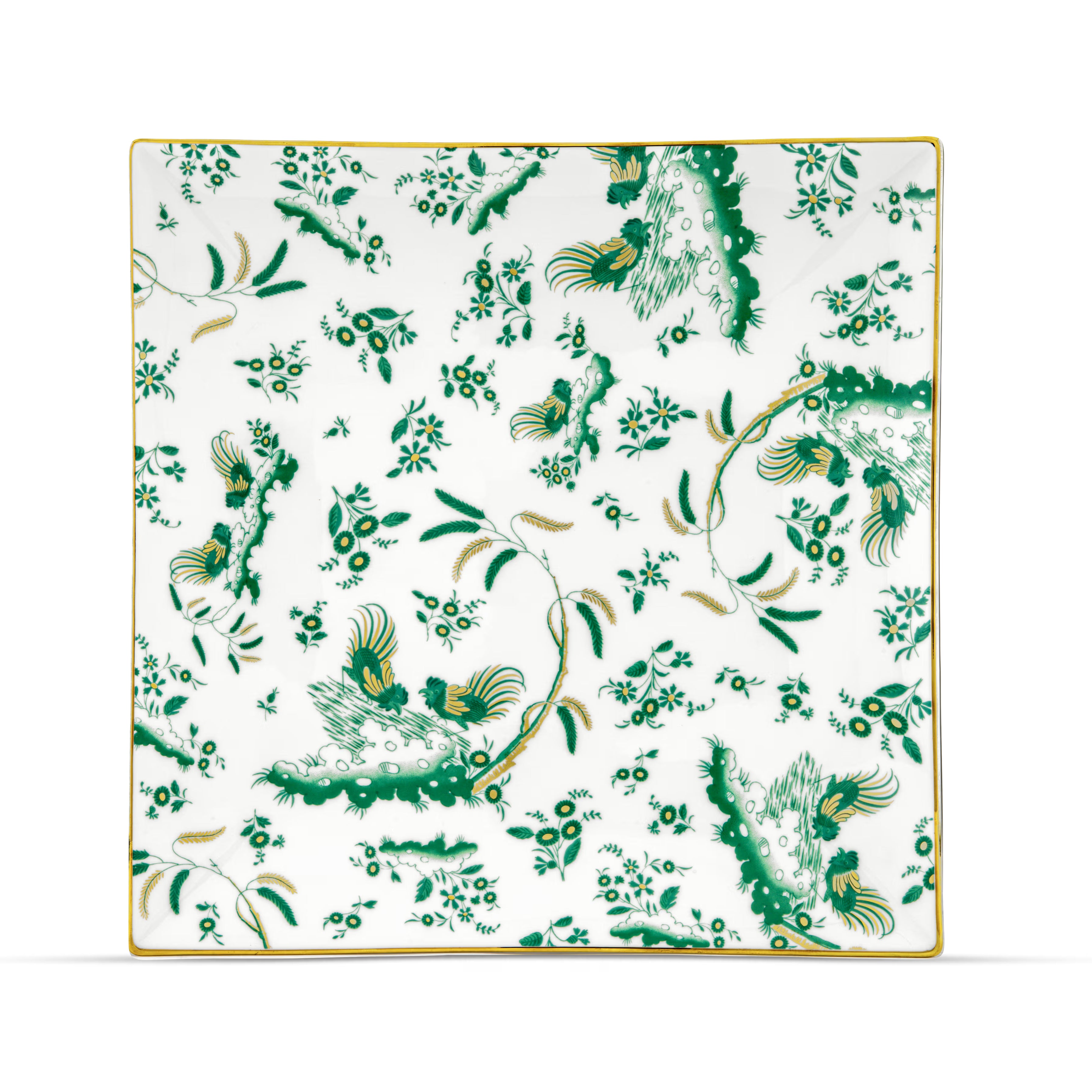 A square-shaped porcelain VIDE POCHE poche dish with a floral pattern and Green accents, featuring the Ginori brand logo. Ji Ondori rooster "Ginori 1735 Is Luxury Tableware Brand And Also Great For Designer Home Gifts"