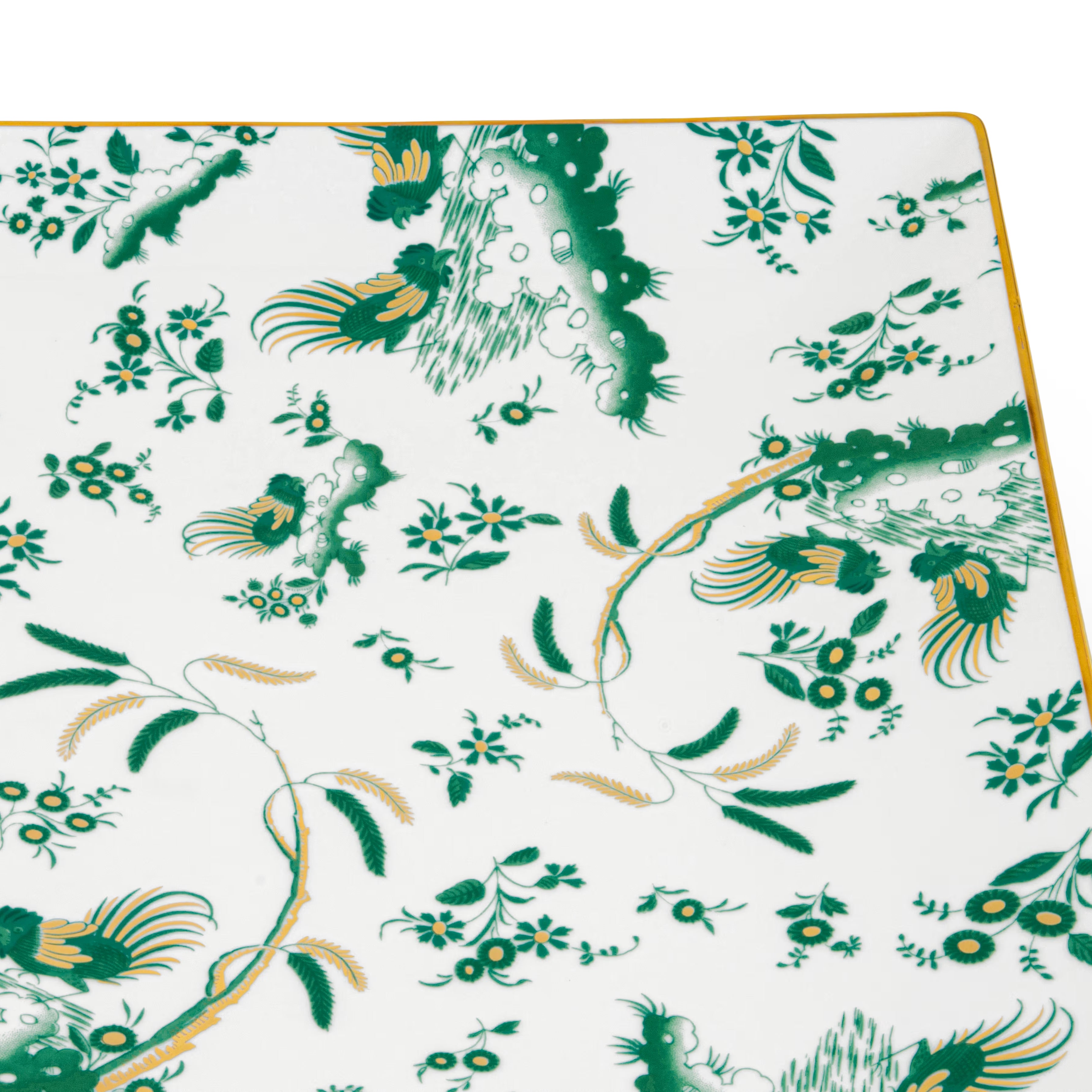 A square-shaped porcelain VIDE POCHE poche dish with a floral pattern and Green accents, featuring the Ginori brand logo. Ji Ondori rooster "Ginori 1735 Is Luxury Tableware Brand And Also Great For Designer Home Gifts"