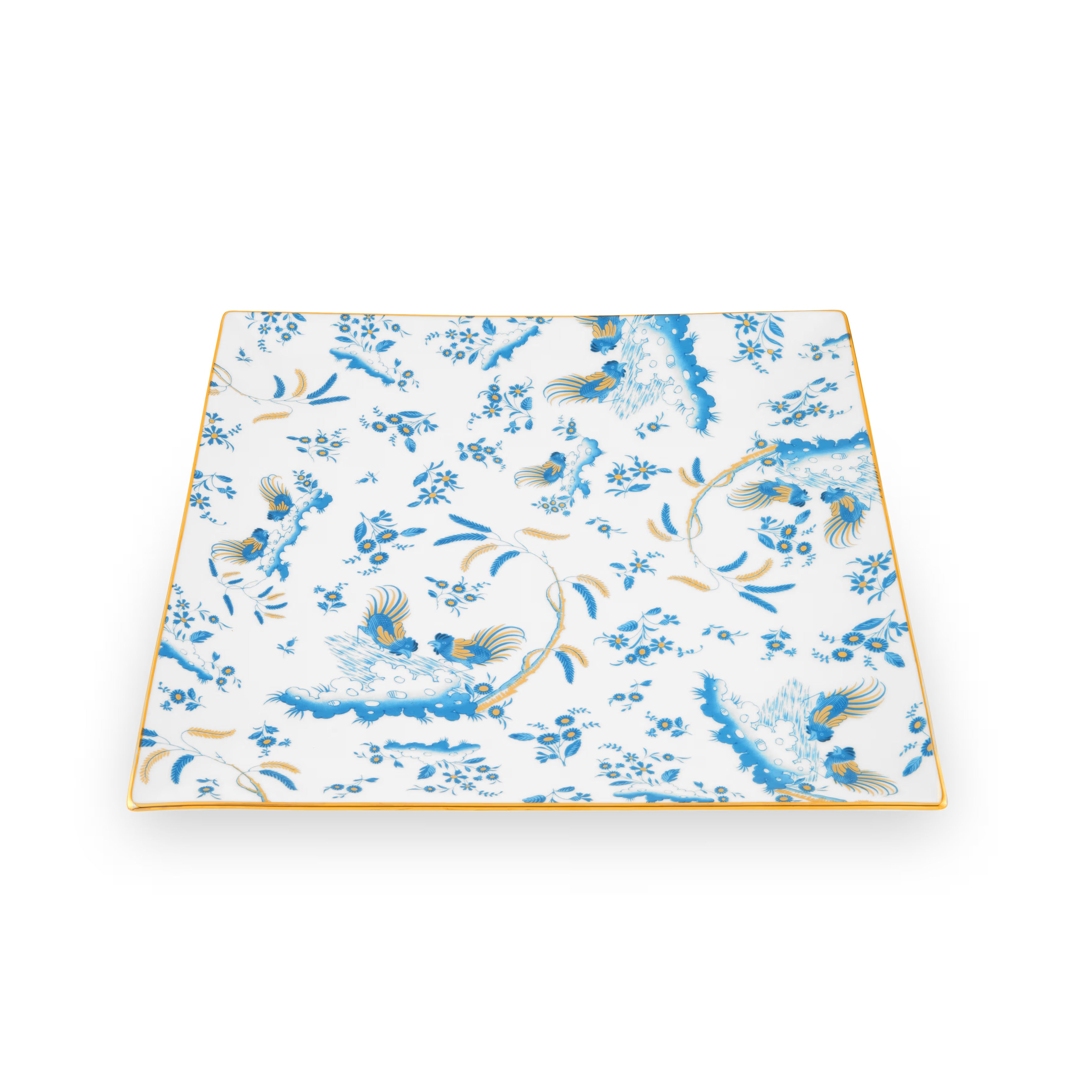 A square-shaped porcelain VIDE POCHE poche dish with a floral pattern and Blue accents, featuring the Ginori brand logo. Ji Ondori rooster "Ginori 1735 Is Luxury Tableware Brand And Also Great For Designer Home Gifts"