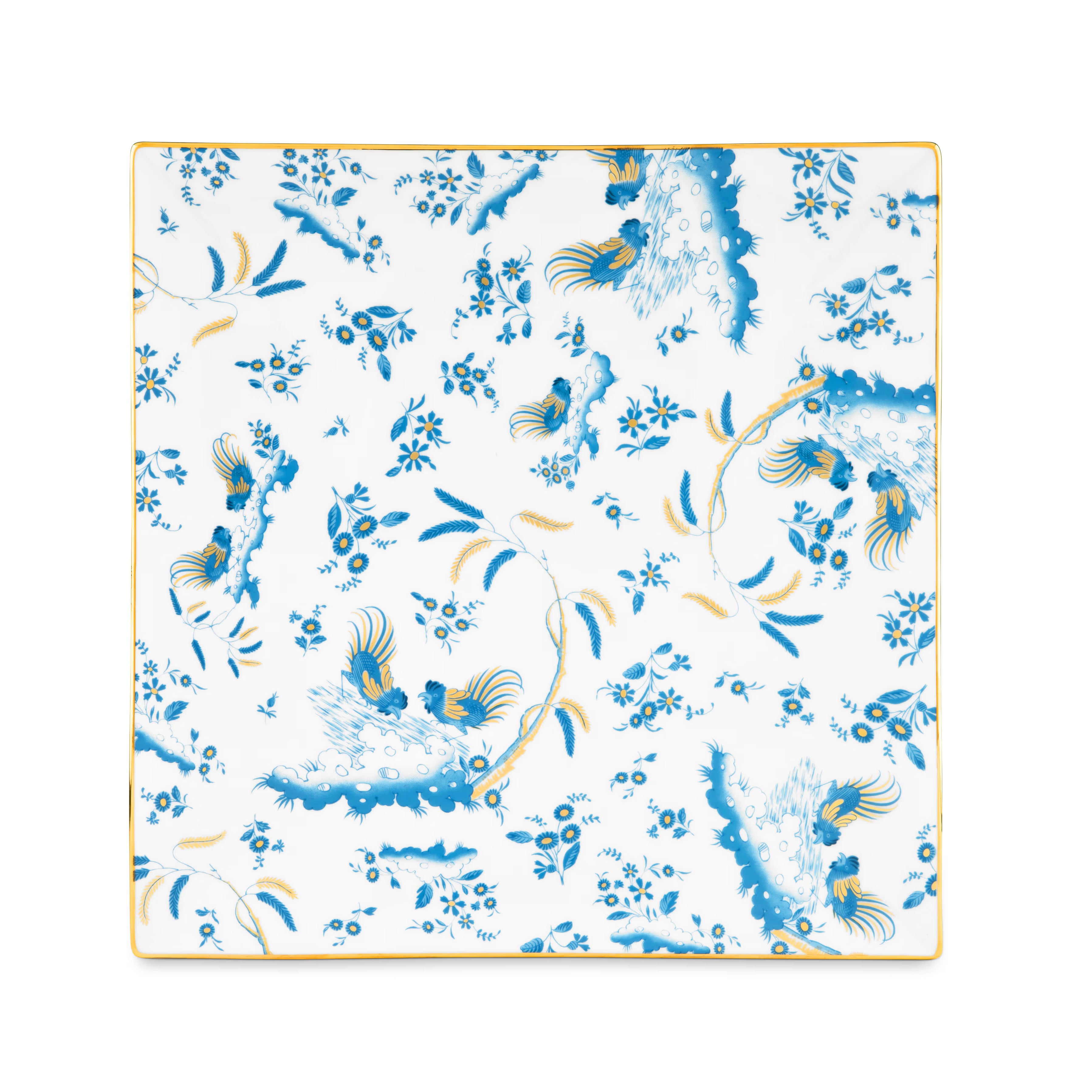 A square-shaped porcelain VIDE POCHE poche dish with a floral pattern and Blue accents, featuring the Ginori brand logo. Ji Ondori rooster "Ginori 1735 Is Luxury Tableware Brand And Also Great For Designer Home Gifts"