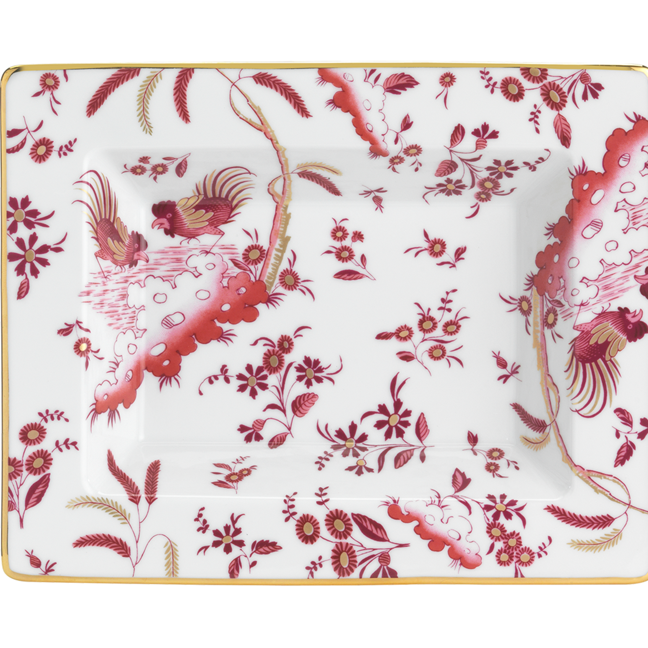Decorative Vide Poche/Change Tray with floral Megenta Ji Ondori rooster pattern on a white background. "Ginori 1735 Is Luxury Tableware And A Great Designer Home Gifts"