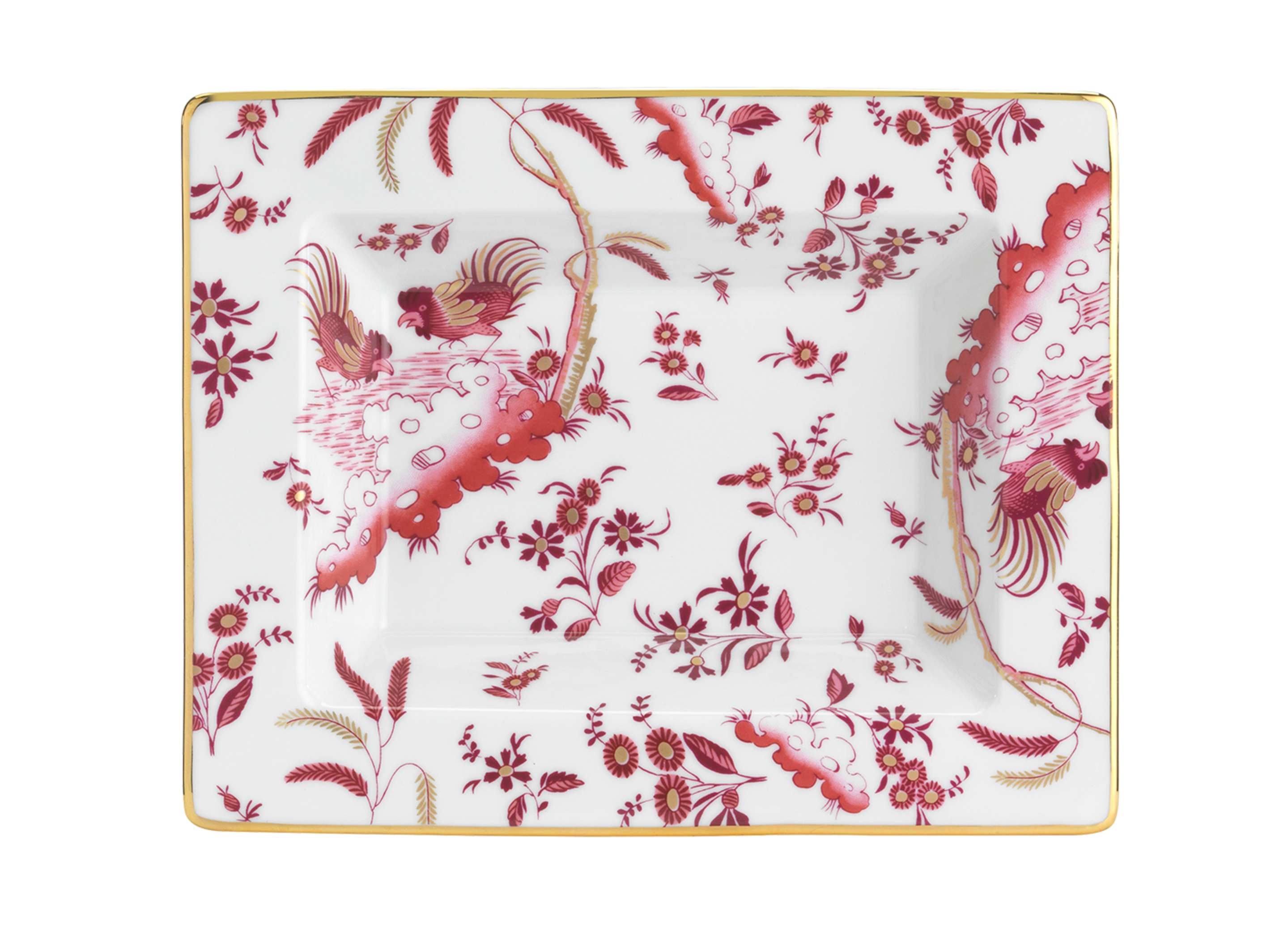 Decorative Vide Poche/Change Tray with floral Megenta Ji Ondori rooster pattern on a white background. "Ginori 1735 Is Luxury Tableware And A Great Designer Home Gifts"
