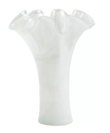 A translucent white glass vase with a flared, ruffled rim and a smooth, tapered body, shown against a plain white background.