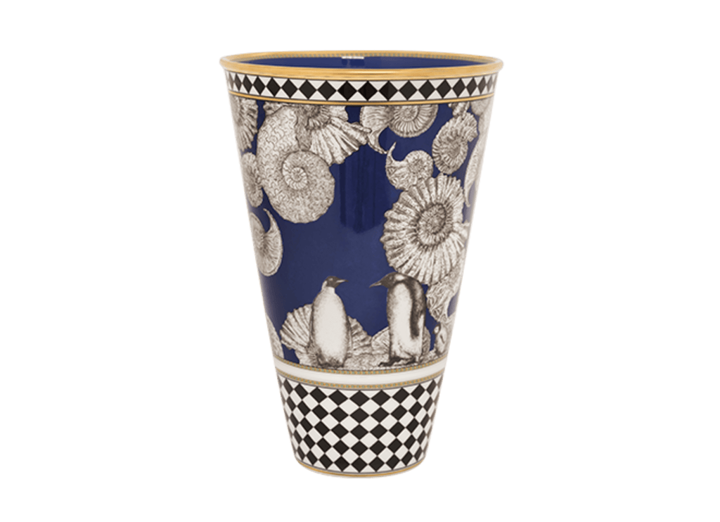 Penguin Vase: A blue and black vase with cone shells. Symbolizing love and loyalty, the Penguin design embodies grace and devotion. Its charming appearance adds a touch of affection to your decor, making it a perfect choice for commemorating special moments.