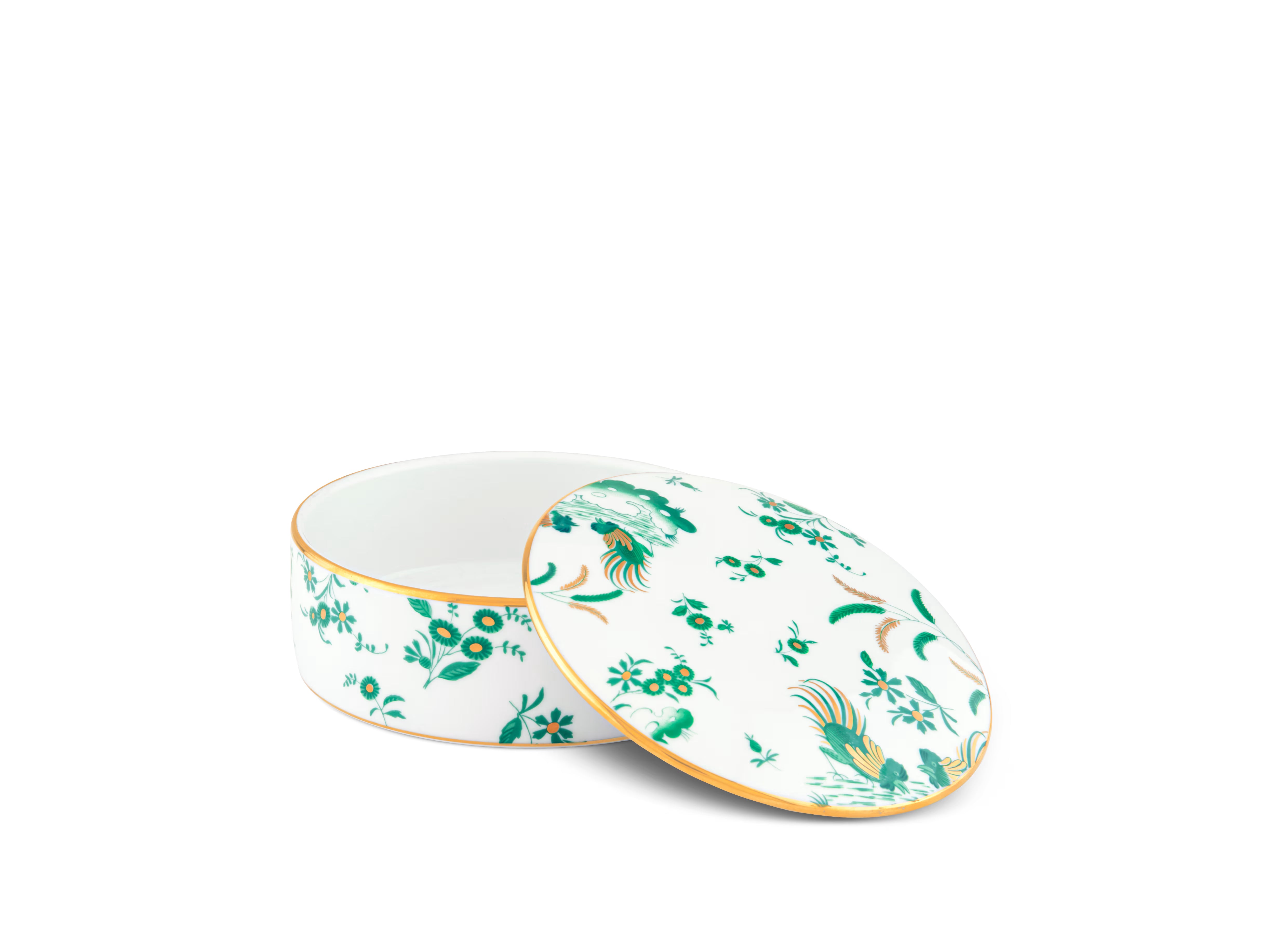 GIADA Decorative white round box with floral patterns on a white background. "Ginori 1735 Is Luxury Tableware Brand And Also Great For Designer Home Gifts"