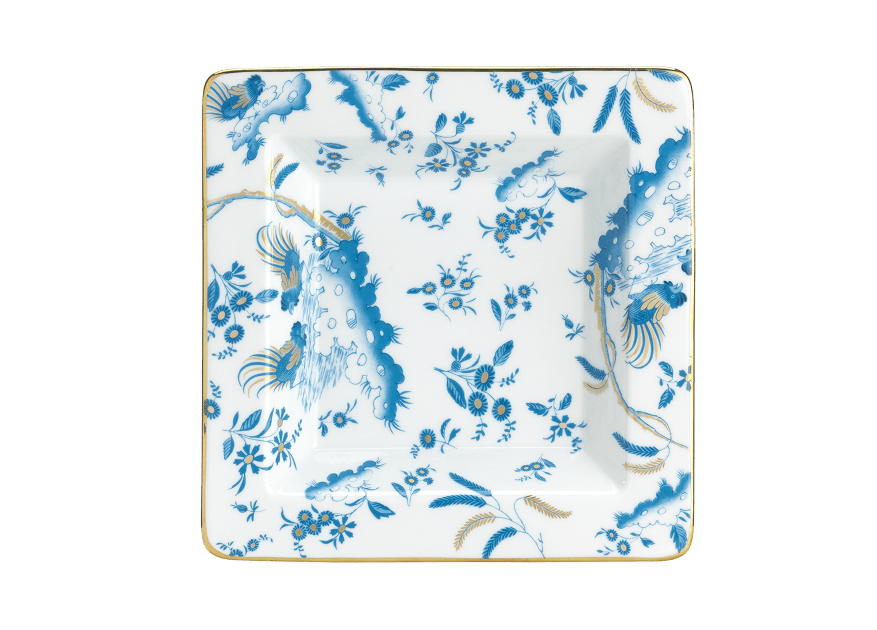 A square-shaped porcelain VIDE POCHE poche dish with a floral pattern and Blue accents, featuring the Ginori brand logo. Ji Ondori rooster "Ginori 1735 Is Luxury Tableware Brand And Also Great For Designer Home Gifts"