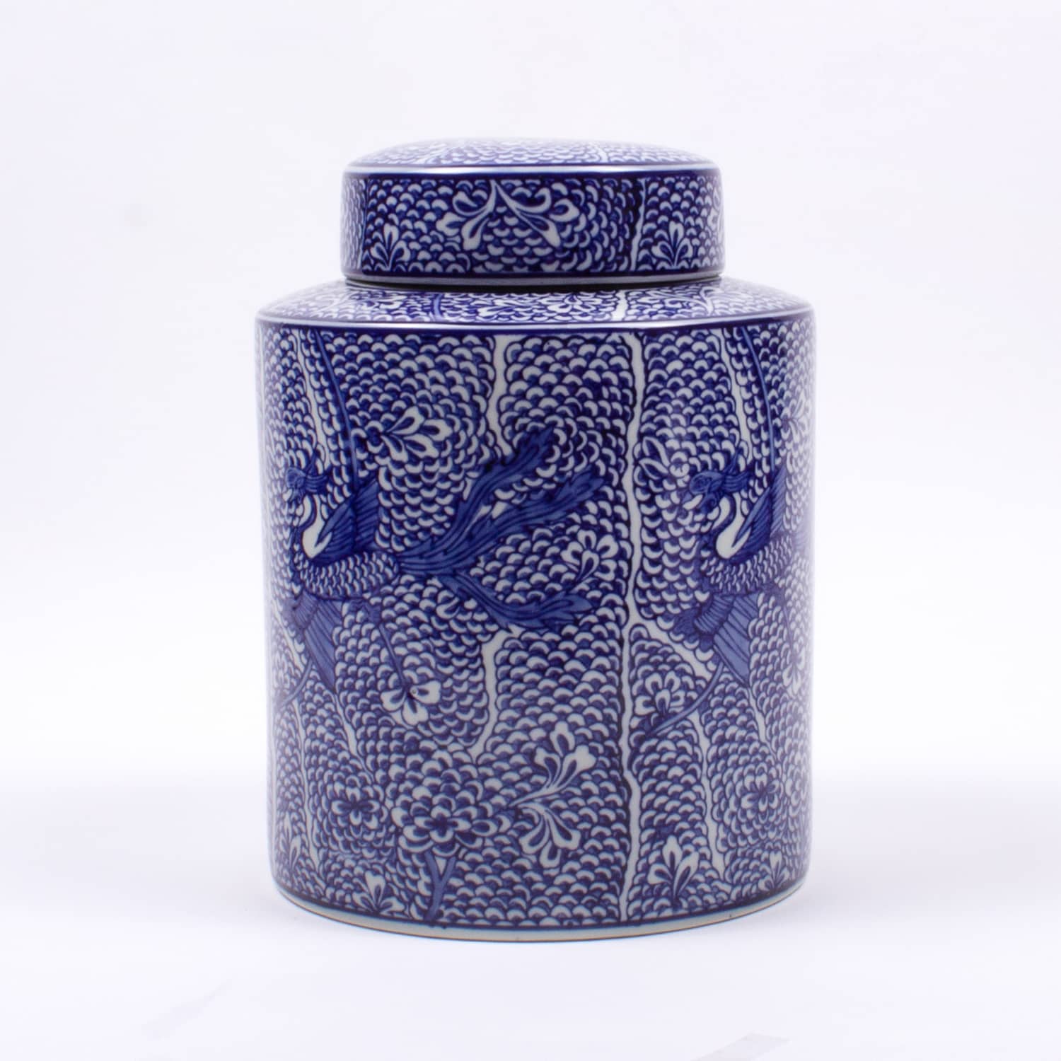 The Large Koi Fish Ginger Jar is crafted with a rich cerulean blue hue