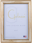 Gold picture frame with 'Galassi' branding and specifications on a light blue background