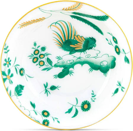 Ginori Oro di doccia GREEN SOY CUP The prominent bird in the center is a majestic Ji Ondori rooster design on a white background