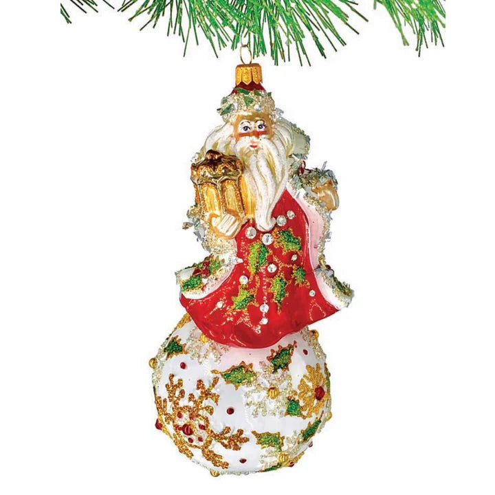 Longchamp Santa Is A Figural Santa Christmas Ornament Made Of Glass. This 8 Inch Ornament Is A Victorian Style Santa Wearing A Long White Coat Accented With A Chunky Mylar Glitter Fur And Hand-Painted Glitter With Gem Stones Holly Leaves.