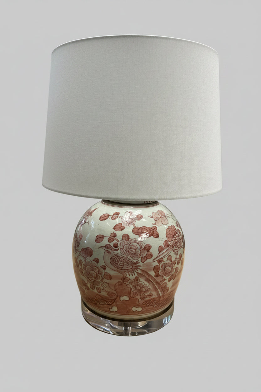 Luxury Table Lamp With A Decorative Ceramic Base And White Shade On A Light Gray Background. 