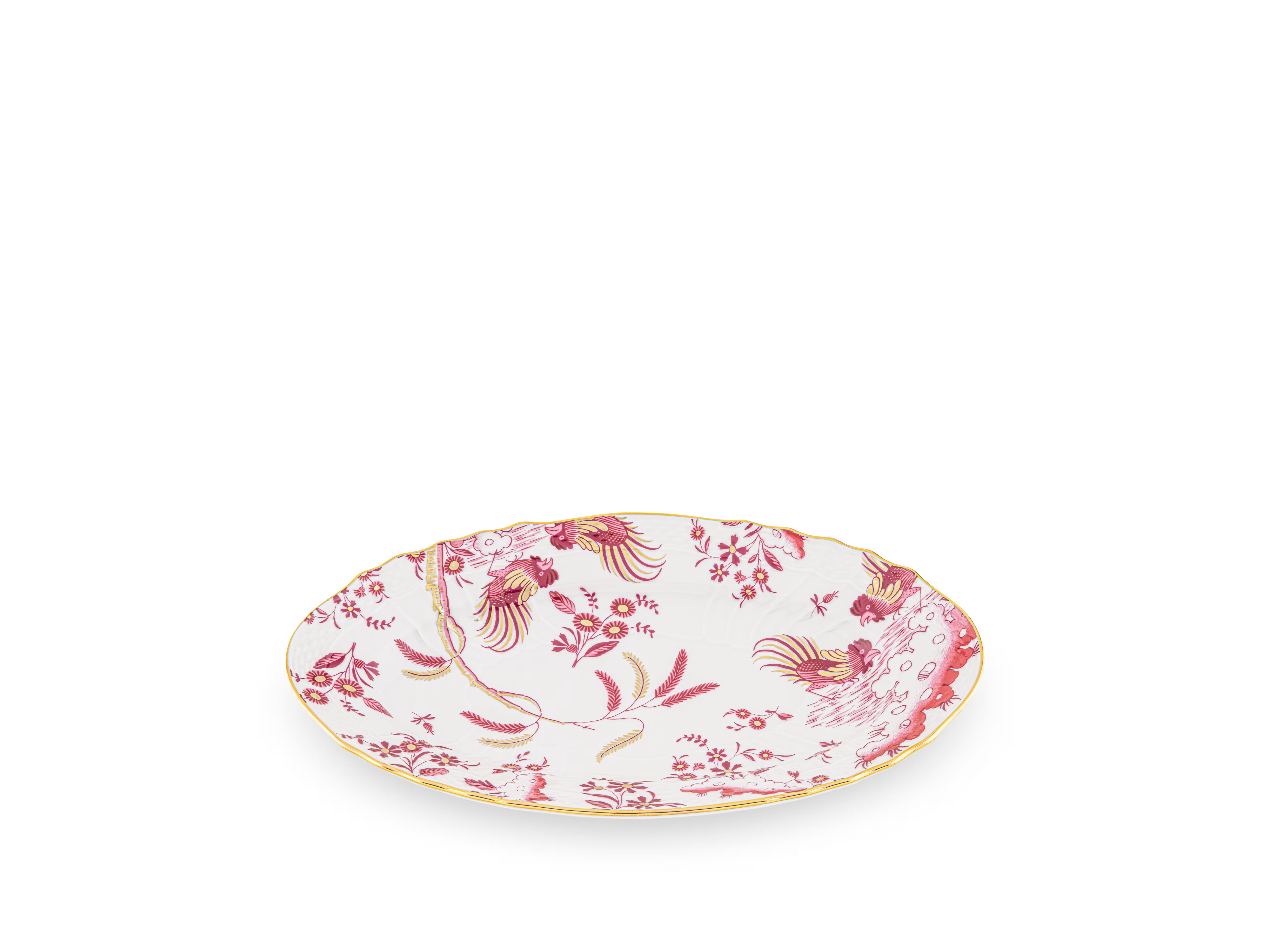  Decorative Pickle Dish plate with floral Megenta Ji Ondori rooster pattern on a white background. "Ginori 1735 Is Luxury Tableware And A Great Designer Home Gifts"