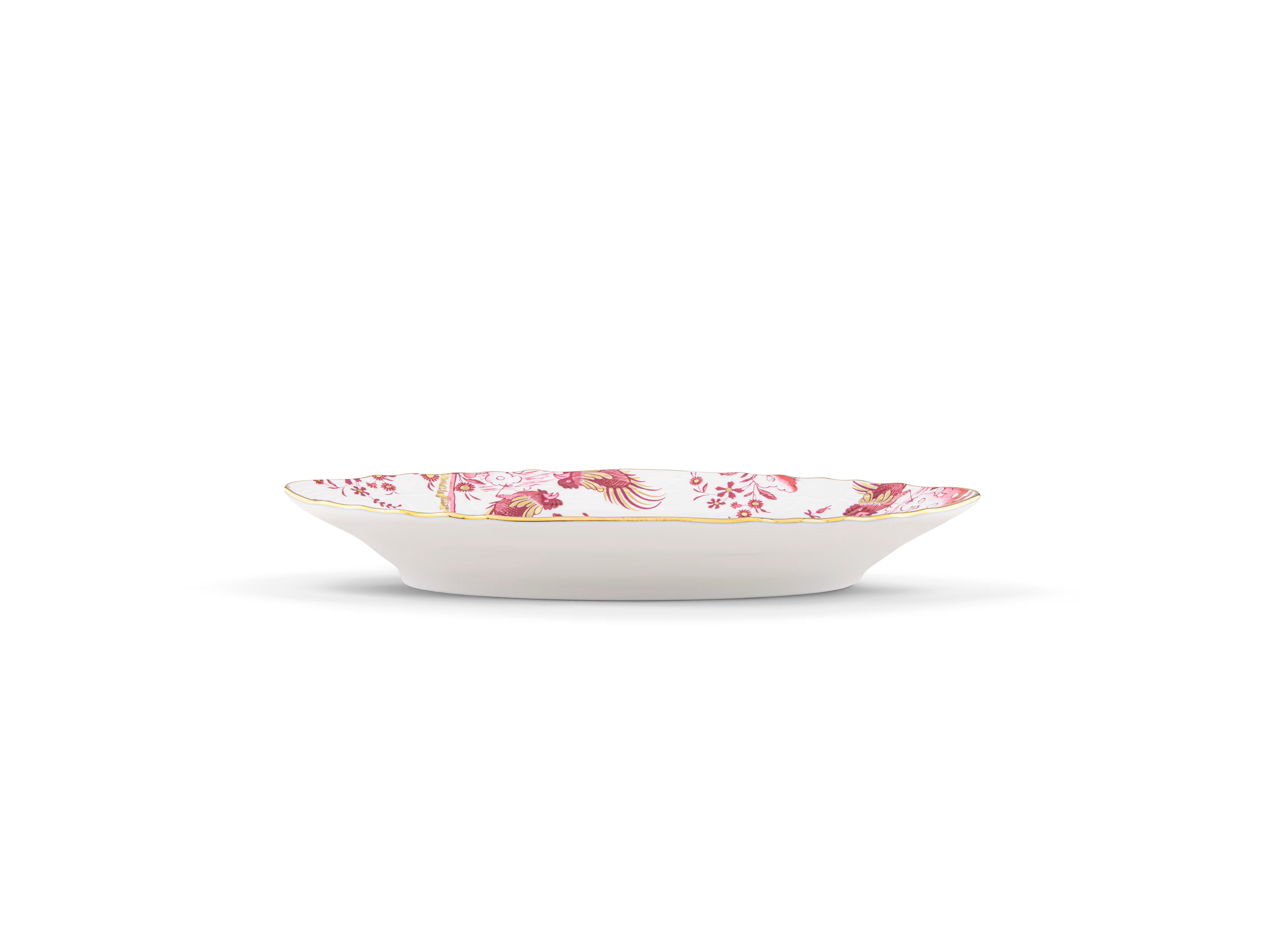  Decorative Pickle Dish plate with floral Megenta Ji Ondori rooster pattern on a white background. "Ginori 1735 Is Luxury Tableware And A Great Designer Home Gifts"