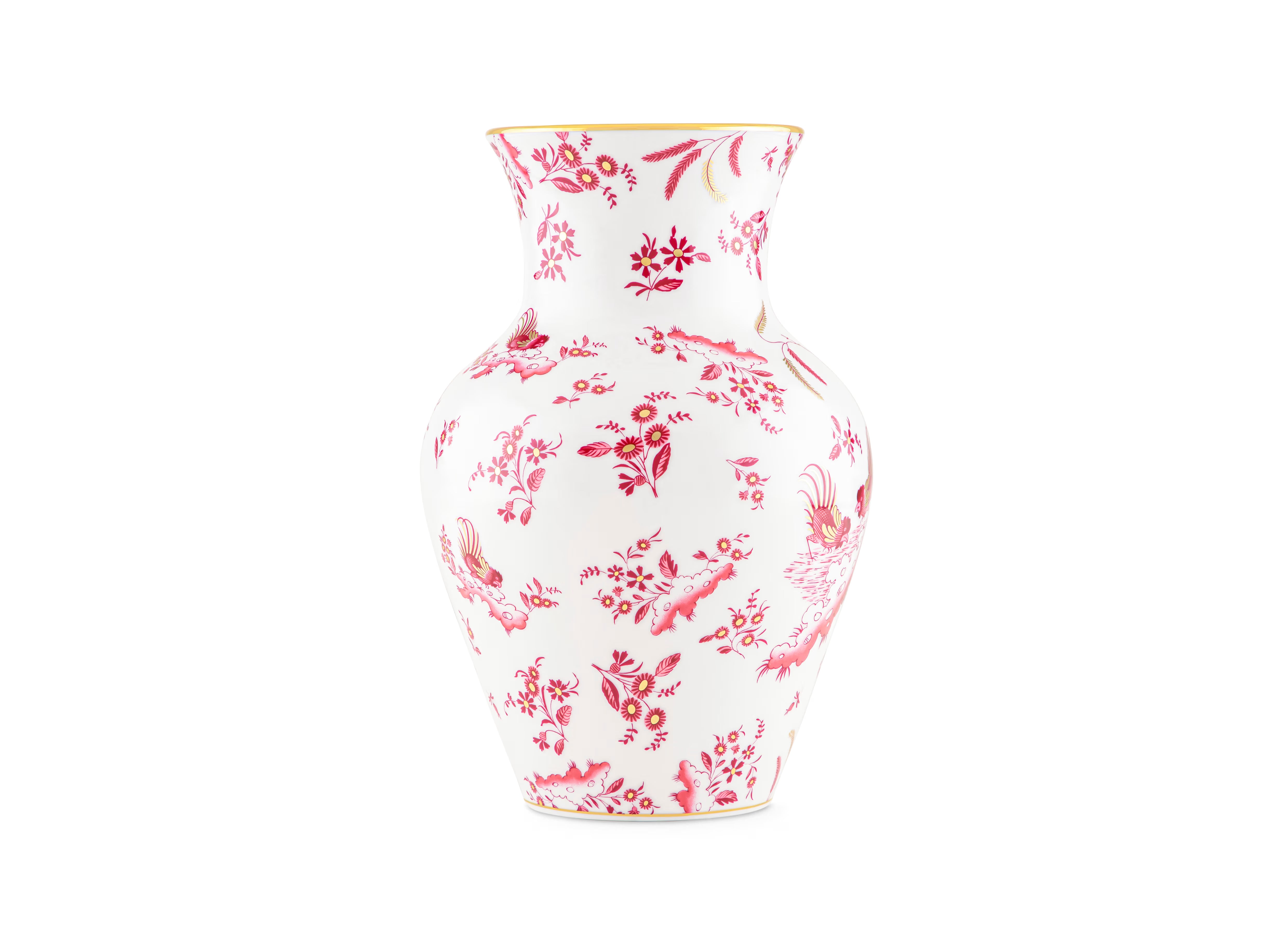 Luxury Vase With Pink Floral And Bird Pattern. This design is the "Oro Di Doccia" motif in the Magenta colorway, created by the luxury Italian porcelain house Ginori 1735