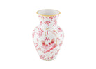 Luxury Vase With Pink Floral And Bird Pattern On A White Background. This design is the "Oro Di Doccia" motif in the Magenta colorway, created by the luxury Italian porcelain house Ginori 1735