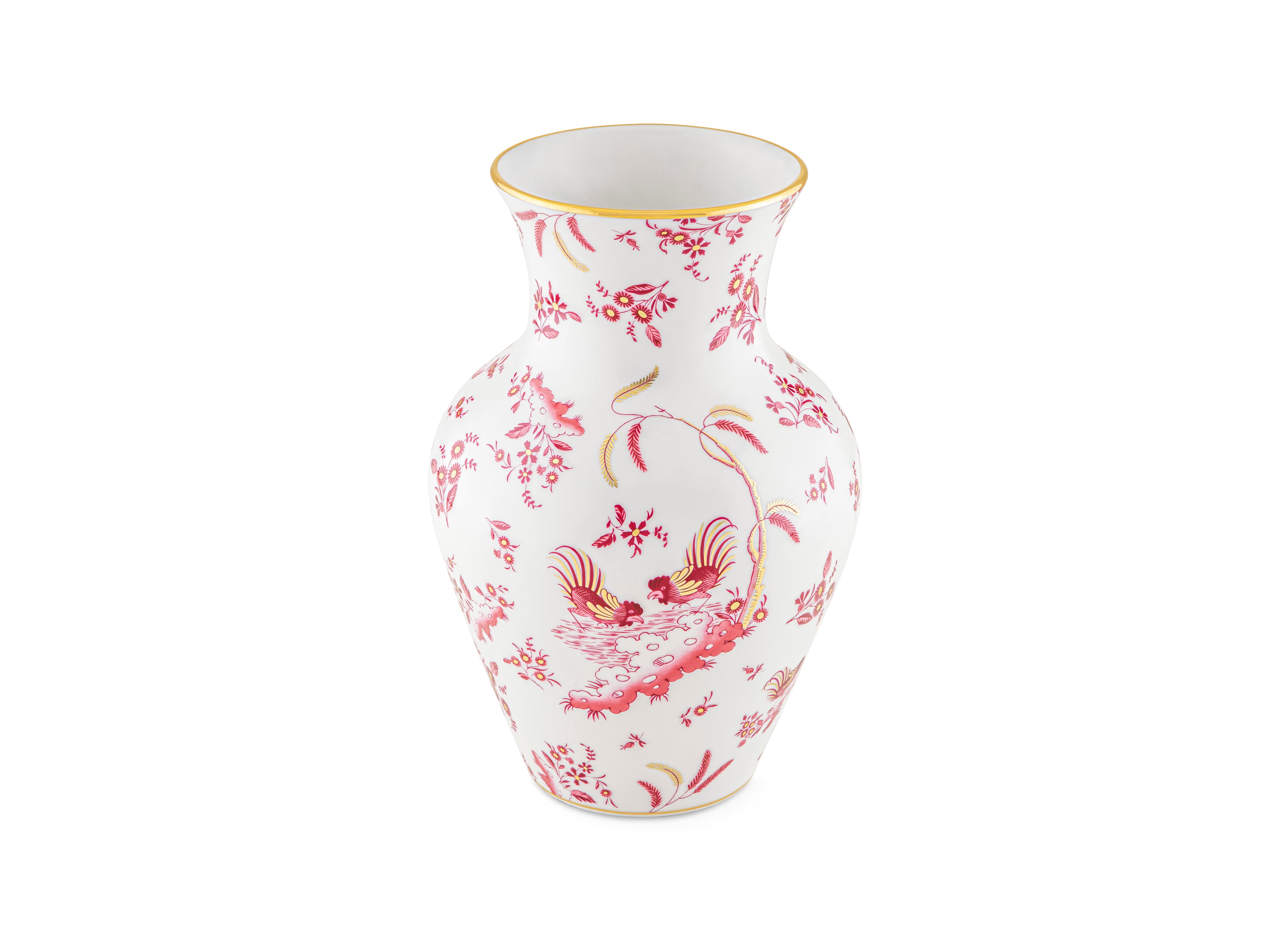 Luxury Vase With Pink Floral And Bird Pattern On A White Background. This design is the "Oro Di Doccia" motif in the Magenta colorway, created by the luxury Italian porcelain house Ginori 1735