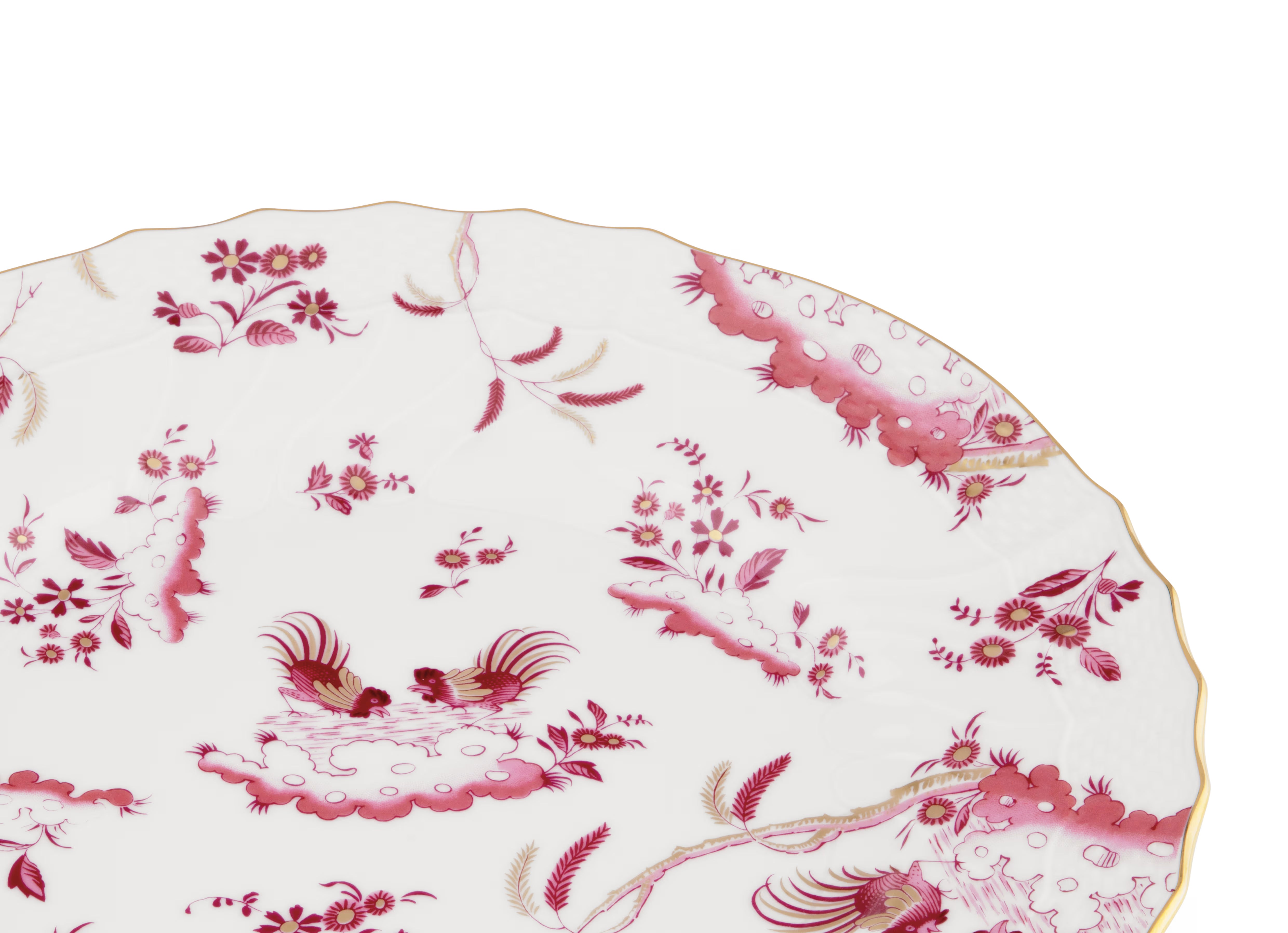  Decorative Dinner/Flat Plate with floral Magenta Ji Ondori rooster pattern on a white background. "Ginori 1735 Is Luxury Tableware And A Great Designer Home Gifts"